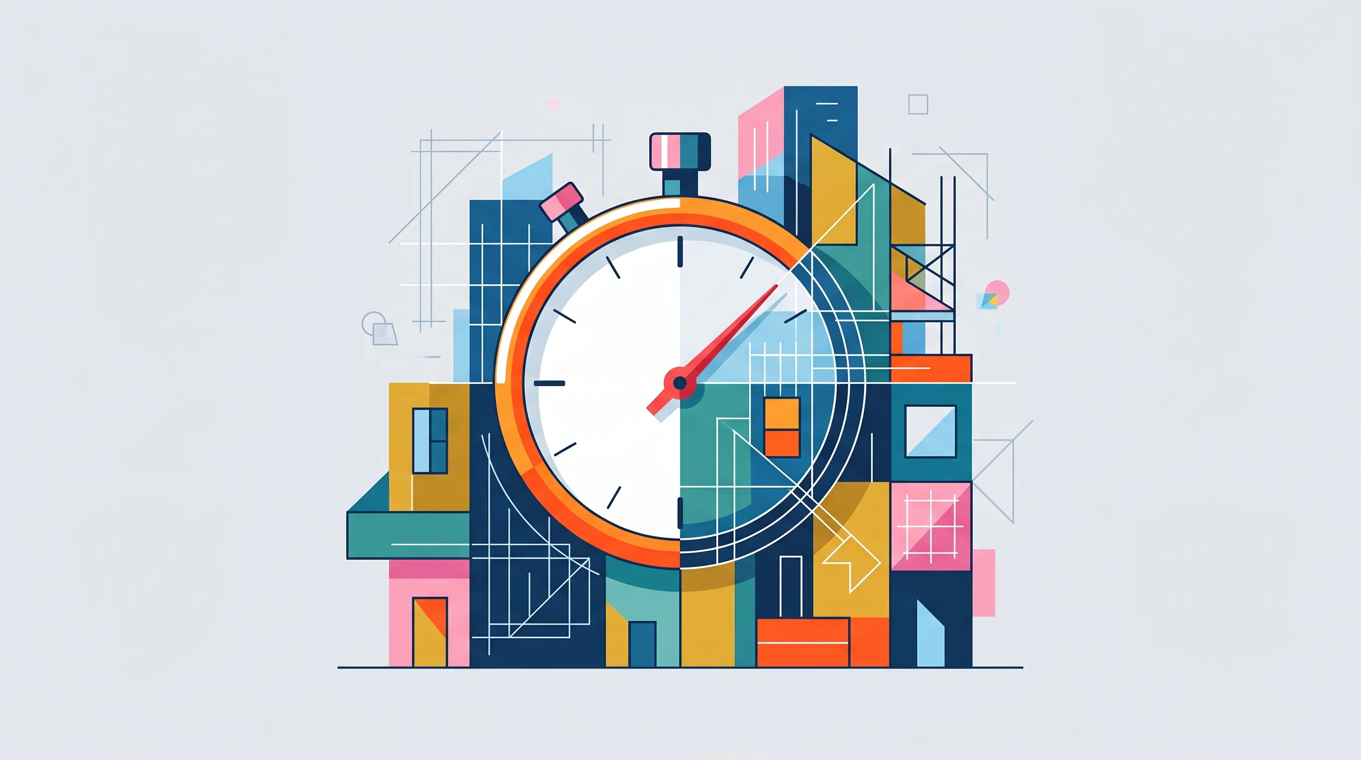 Digital illustration for article section "Speed as Strategy" in "PLAN0 AI Debuts Bloomberg-Style Platform for Construction Costs" - A sleek, minimalist flat illustration of a stylized stopwatch seamlessly intersecting with abstract ...