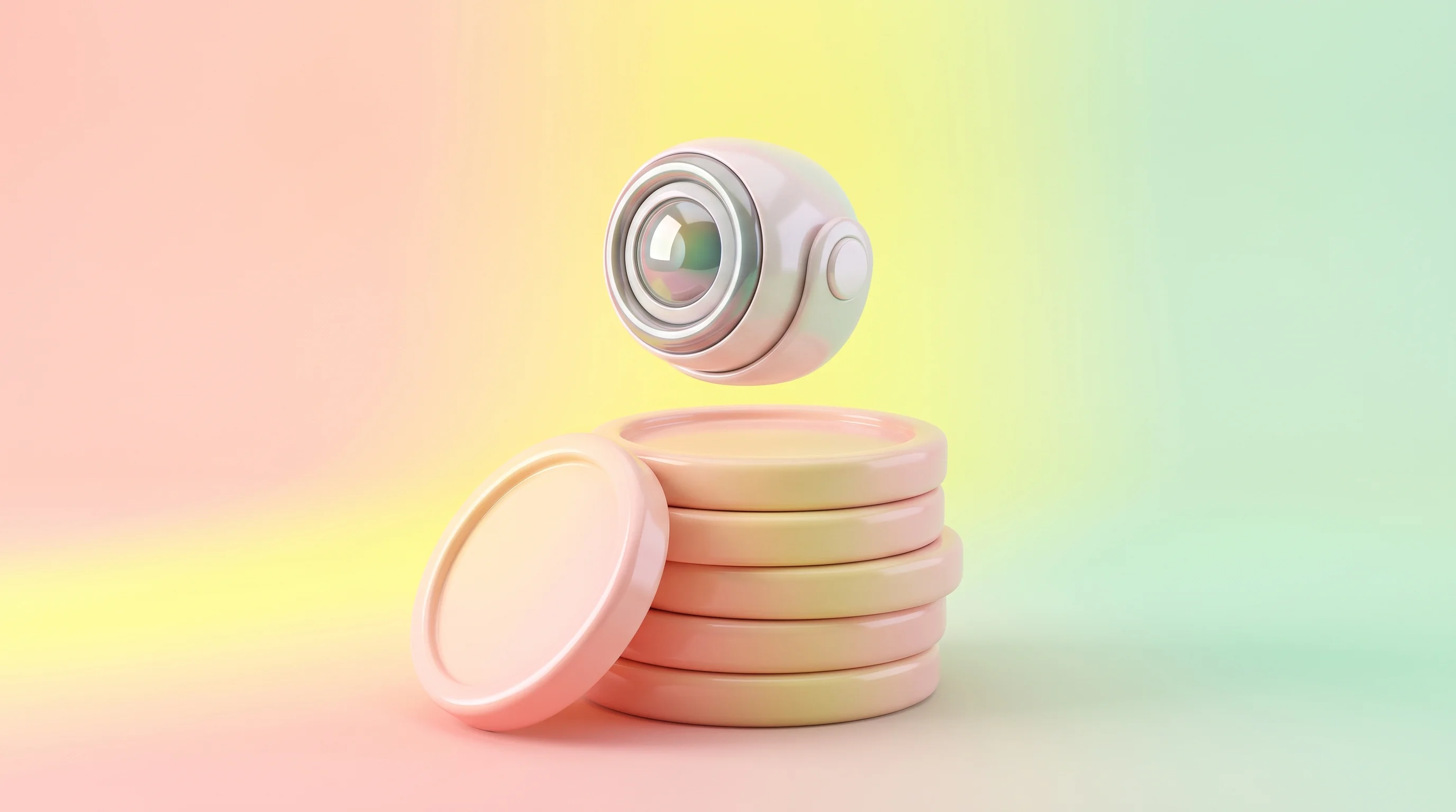 Digital illustration for article section "A Market Flush With Money—For Some" in "Luxonis Funding Claims Unverified Despite Computer Vision Momentum" - A sleek, modern, abstract robotic vision sensor gently hovering over a neatly arranged stack of over...