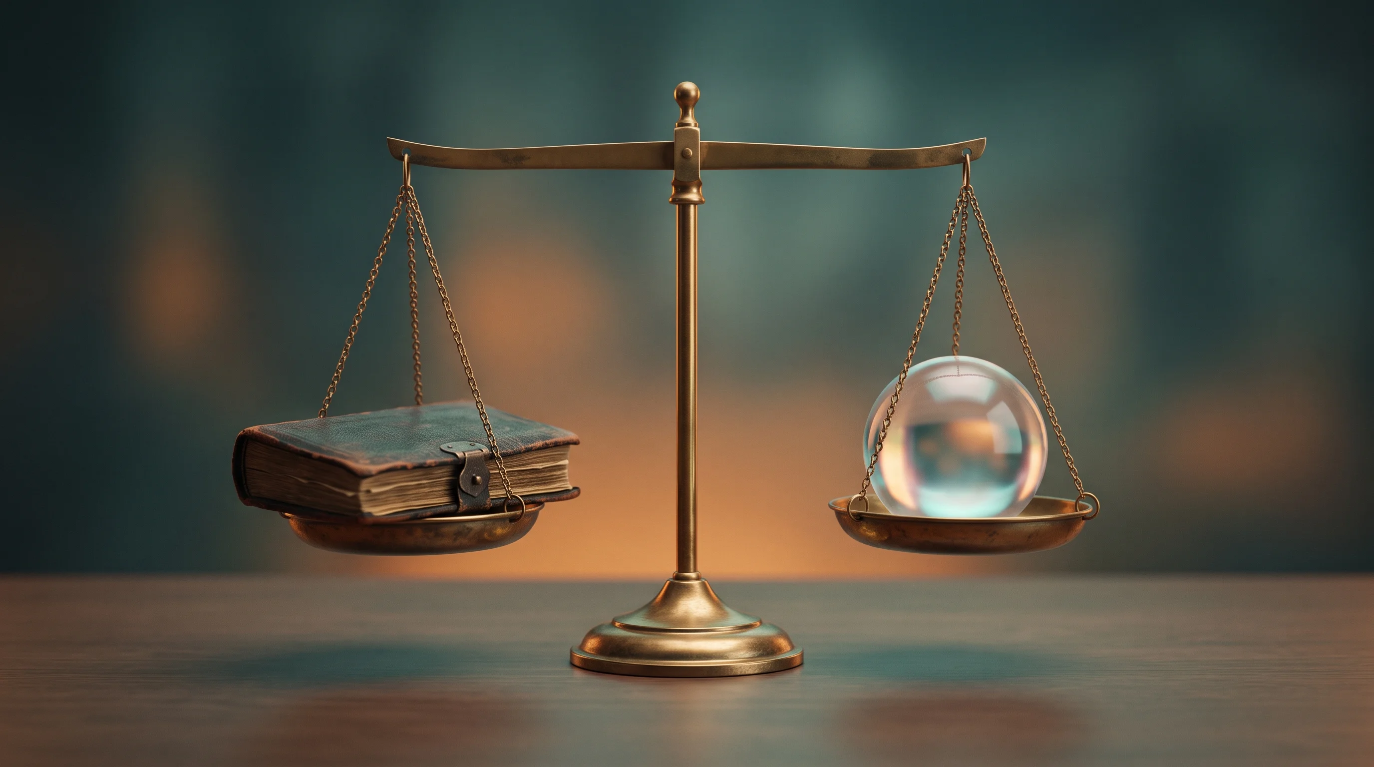 Digital illustration for article section "A Technologist and an Insurance Lifer Walk Into YC" in "Mount Launches Insurance Carrier for AI Agent Liability" - A conceptual, minimalist composition featuring a perfectly balanced vintage brass weighing scale res...