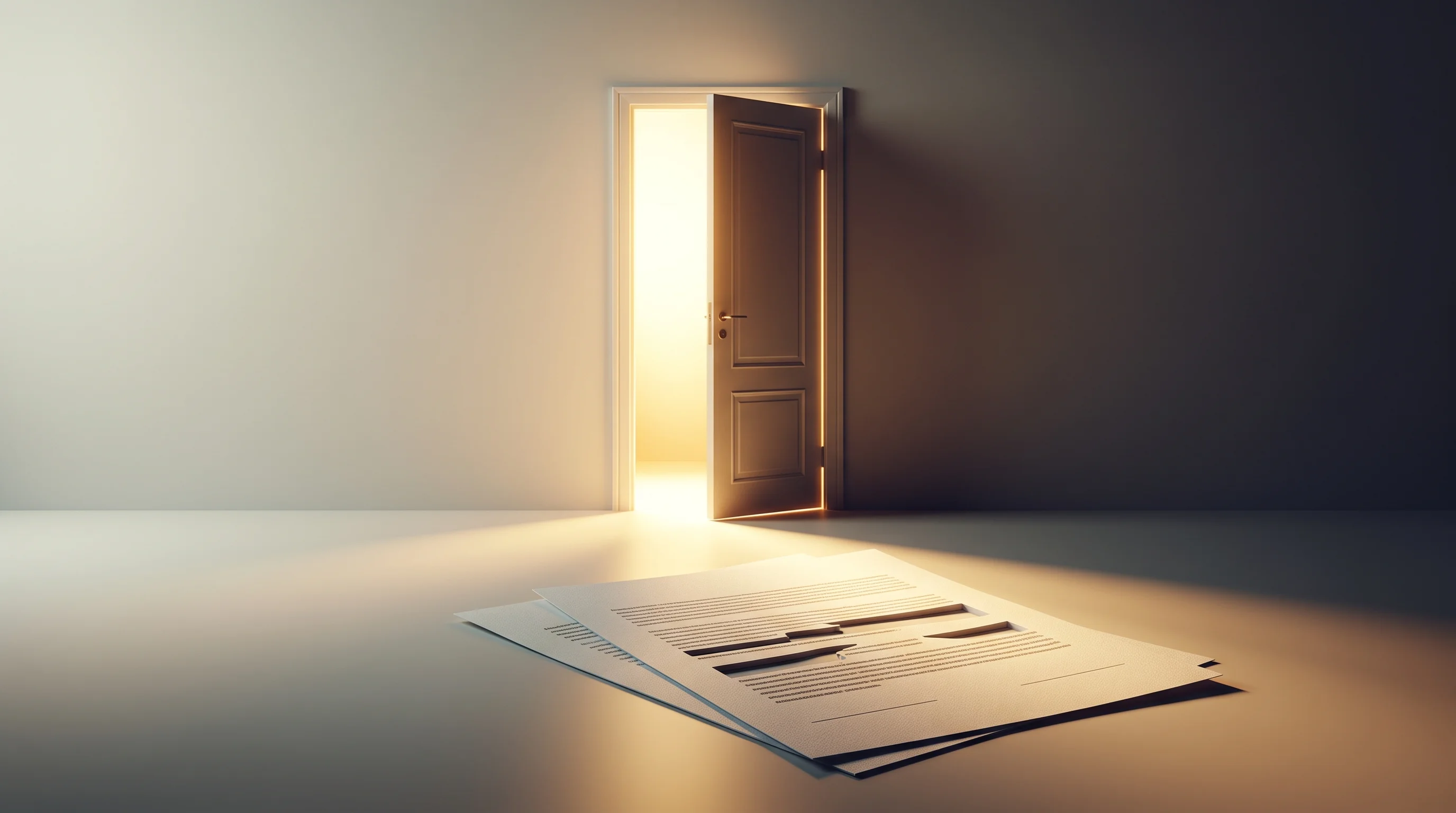 Digital illustration for article section "The Exclusion Wave and the Gold Rush That Followed" in "Mount Launches Insurance Carrier for AI Agent Liability" - A minimalist and conceptual image featuring a solitary, elegant door standing slightly ajar in a sof...