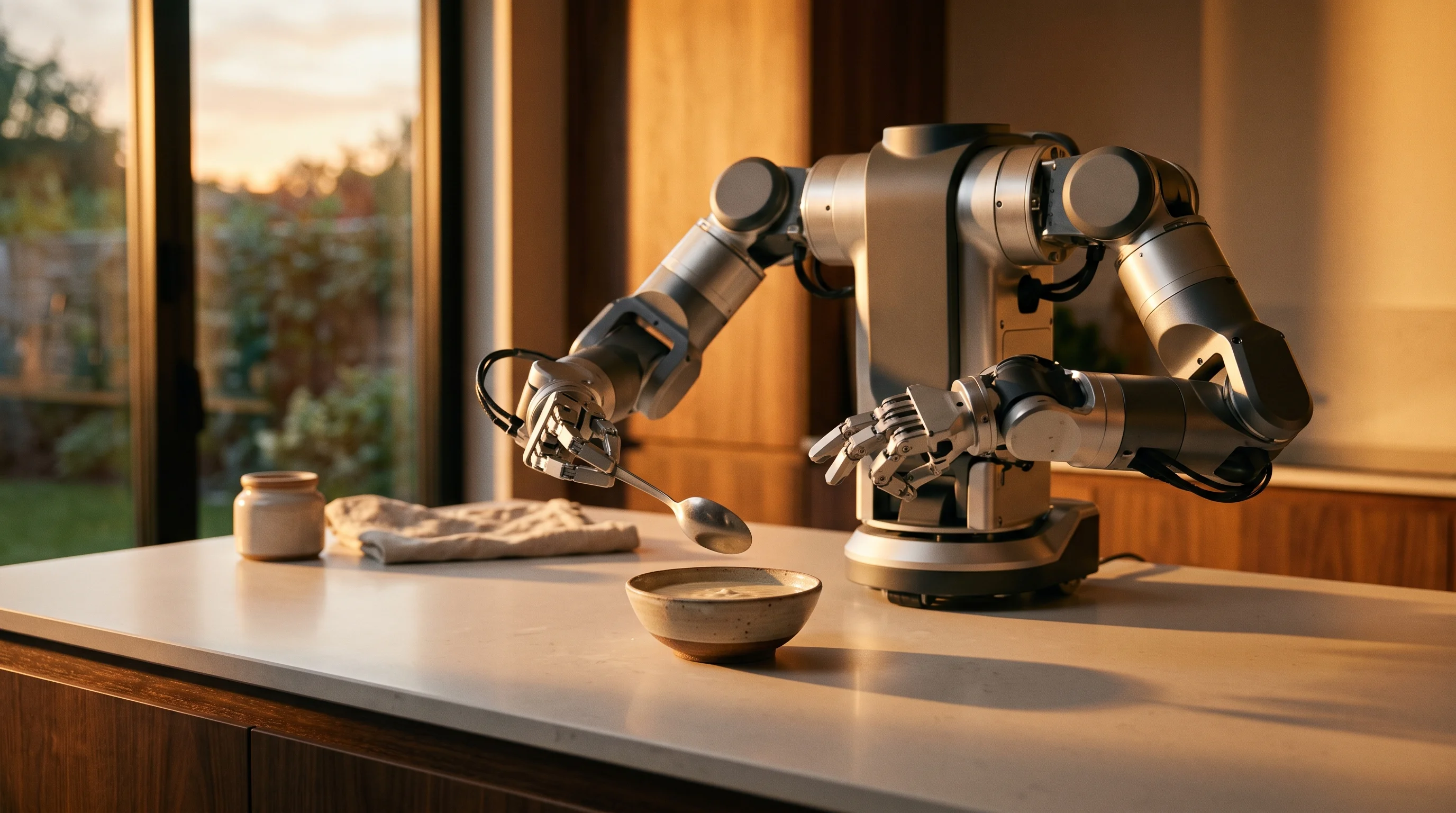 Digital illustration for article section "How the Startups Are Playing It" in "The Race to Give Robots Human Reasoning: Inside the Intelligence Bottleneck" - A cinematic photography shot of a sleek, two-armed mobile robot performing a delicate kitchen task, ...