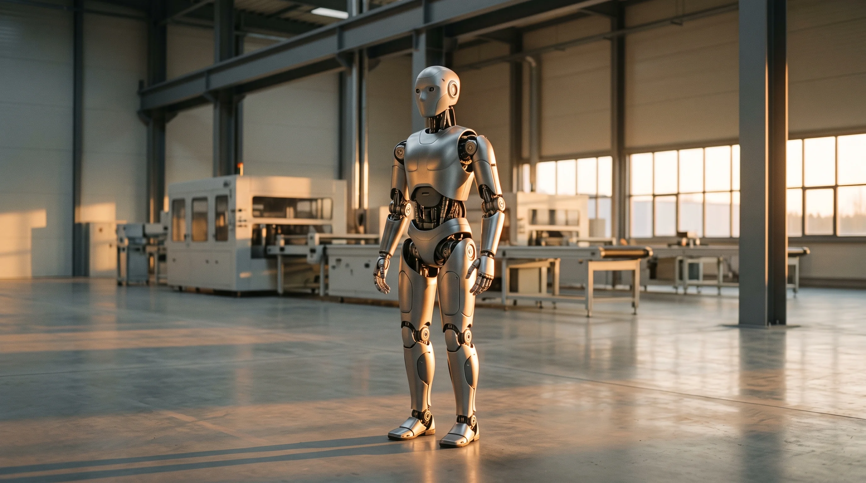 Digital illustration for article section "What Happens Next" in "The Race to Give Robots Human Reasoning: Inside the Intelligence Bottleneck" - A sleek, modern humanoid robot standing gracefully in a clean, minimal industrial manufacturing faci...