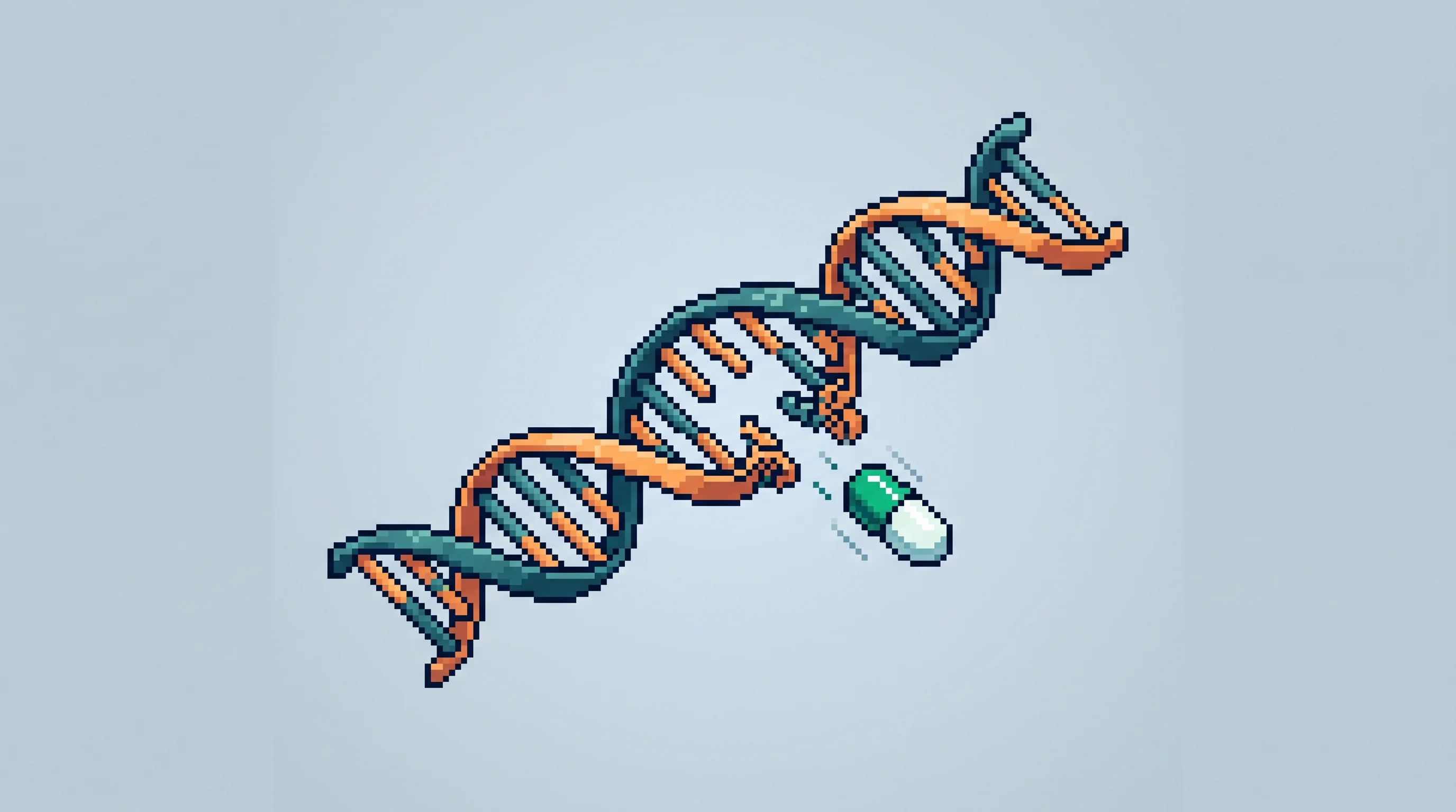 Digital illustration for article section "The Science Catching Up to the Hype" in "The Race to Program DNA Drugs: Can Biotech Unlock Cancer's 80%?" - A clean and minimalist isometric pixel art illustration representing programmable DNA drugs, featuri...