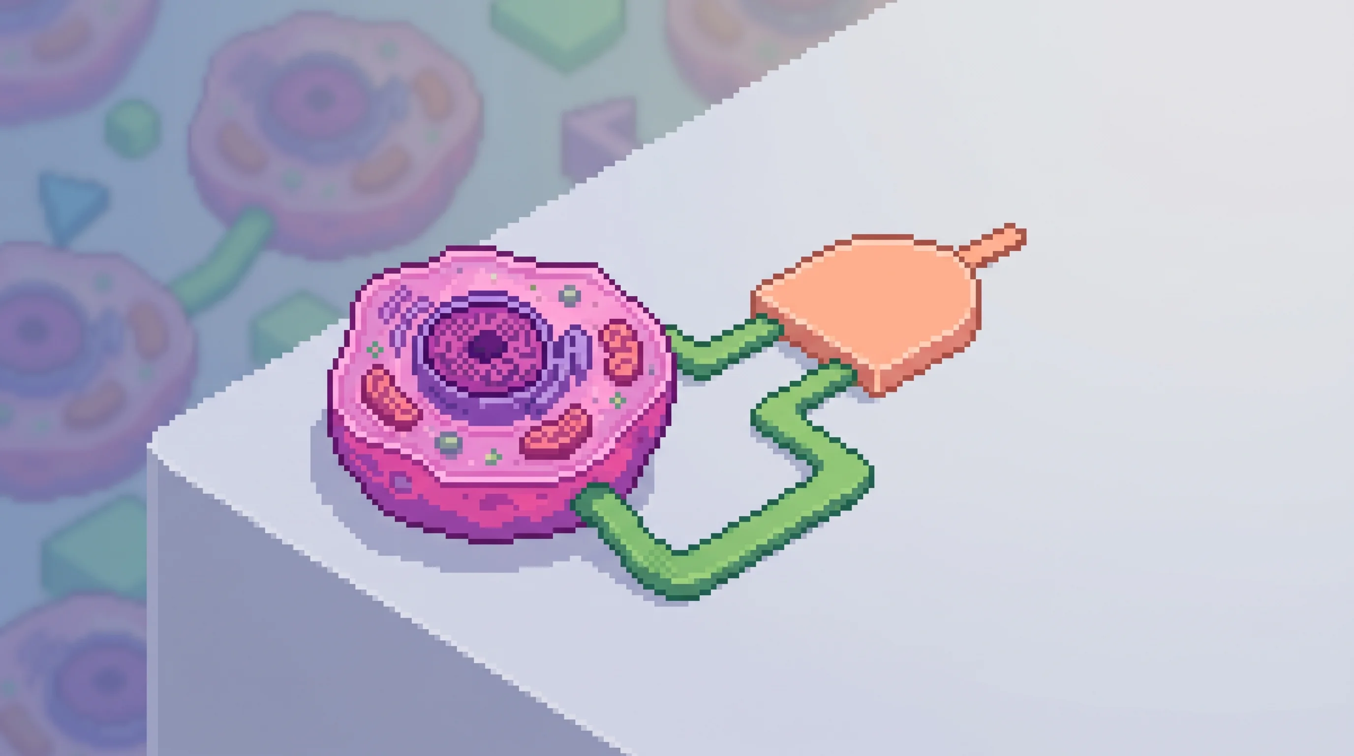 Digital illustration for article section "A Very Crowded Field" in "The Race to Program DNA Drugs: Can Biotech Unlock Cancer's 80%?" - A clean, minimalist isometric pixel art illustration of a single, highly detailed biological cell in...