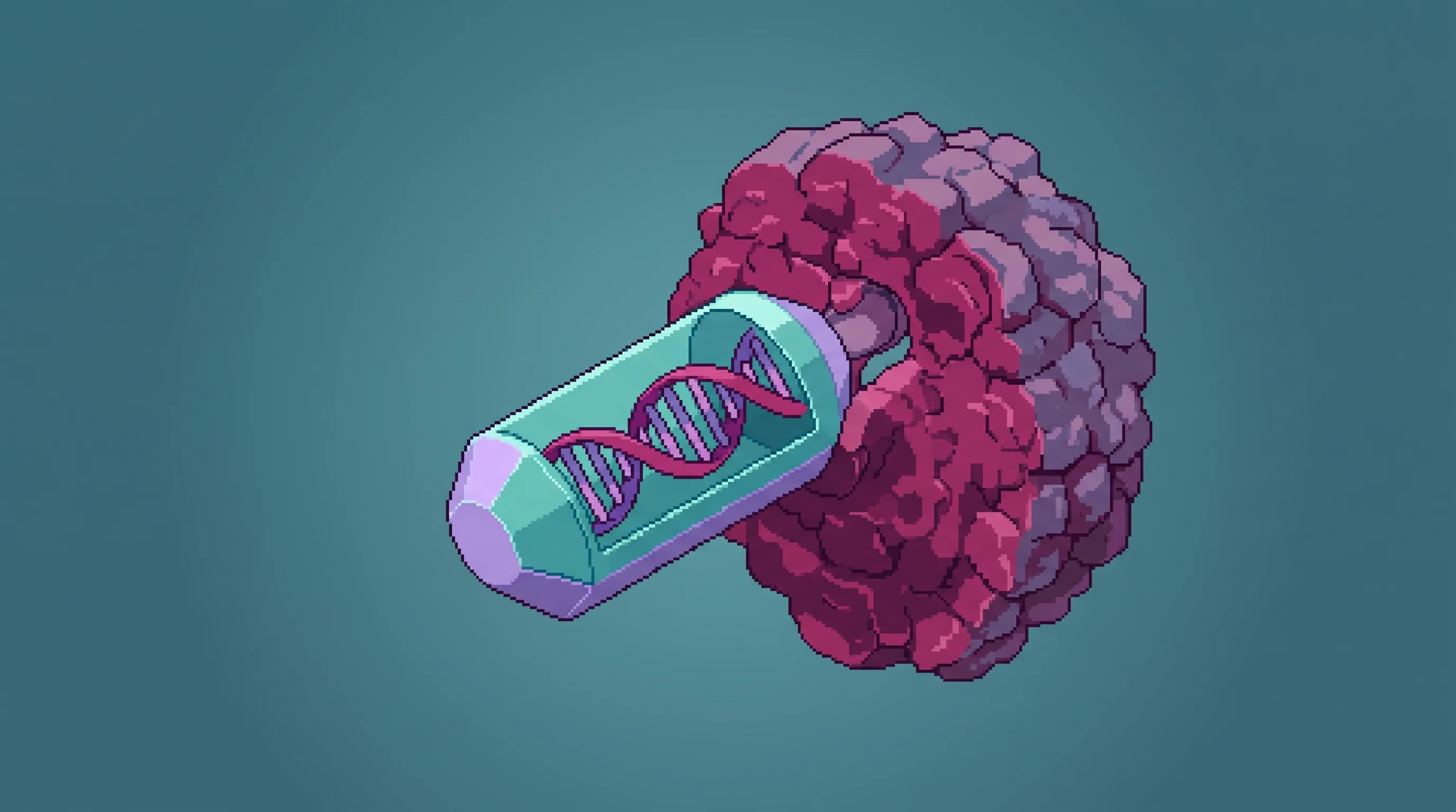 Digital illustration for article section "The Devil in the Delivery" in "The Race to Program DNA Drugs: Can Biotech Unlock Cancer's 80%?" - A minimalist, isometric pixel art illustration representing the complex delivery of DNA therapeutics...