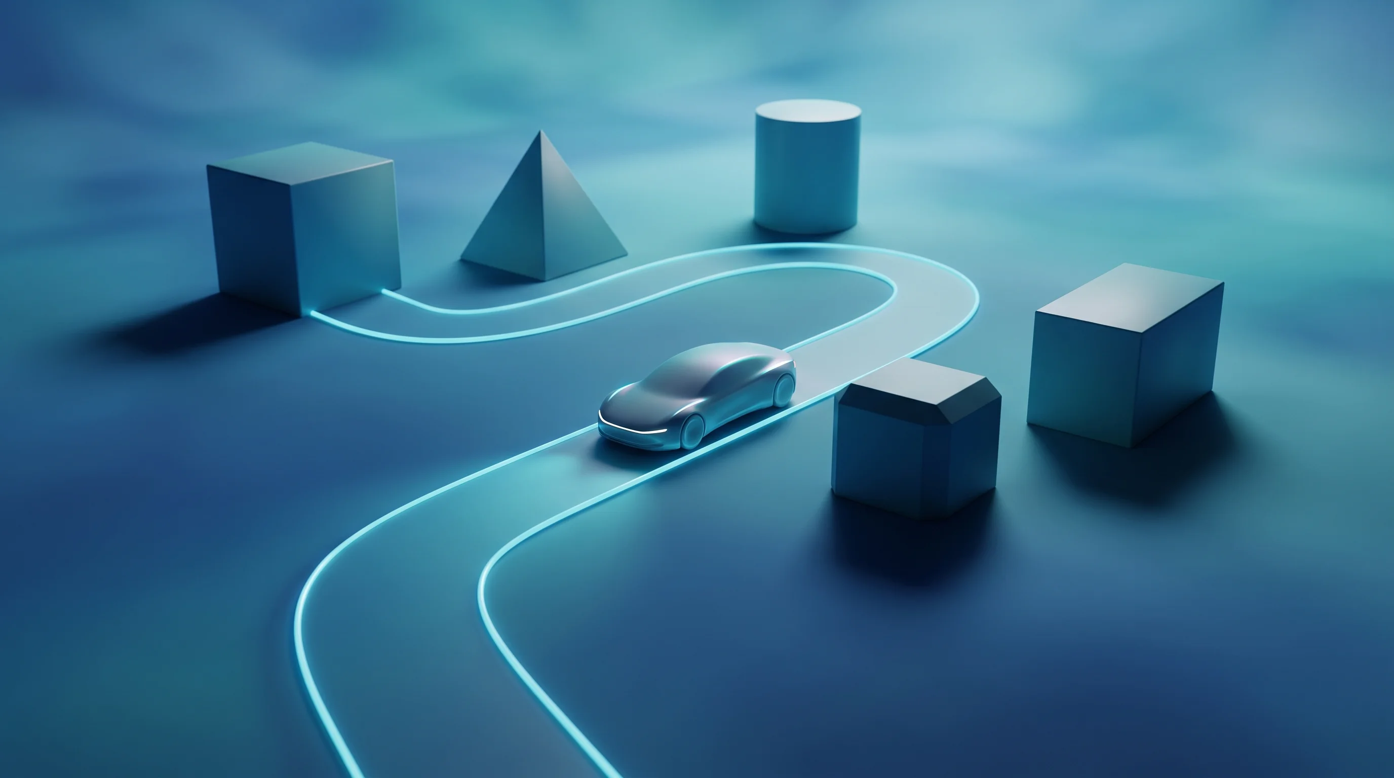 Digital illustration for article section "Testing the Thesis on the Road" in "YC-Backed Saffron Launches AI-Native Platform for Coding Assessments" - A conceptual 3D rendering of a sleek, minimalist vehicle traveling along a smooth, elegant winding p...