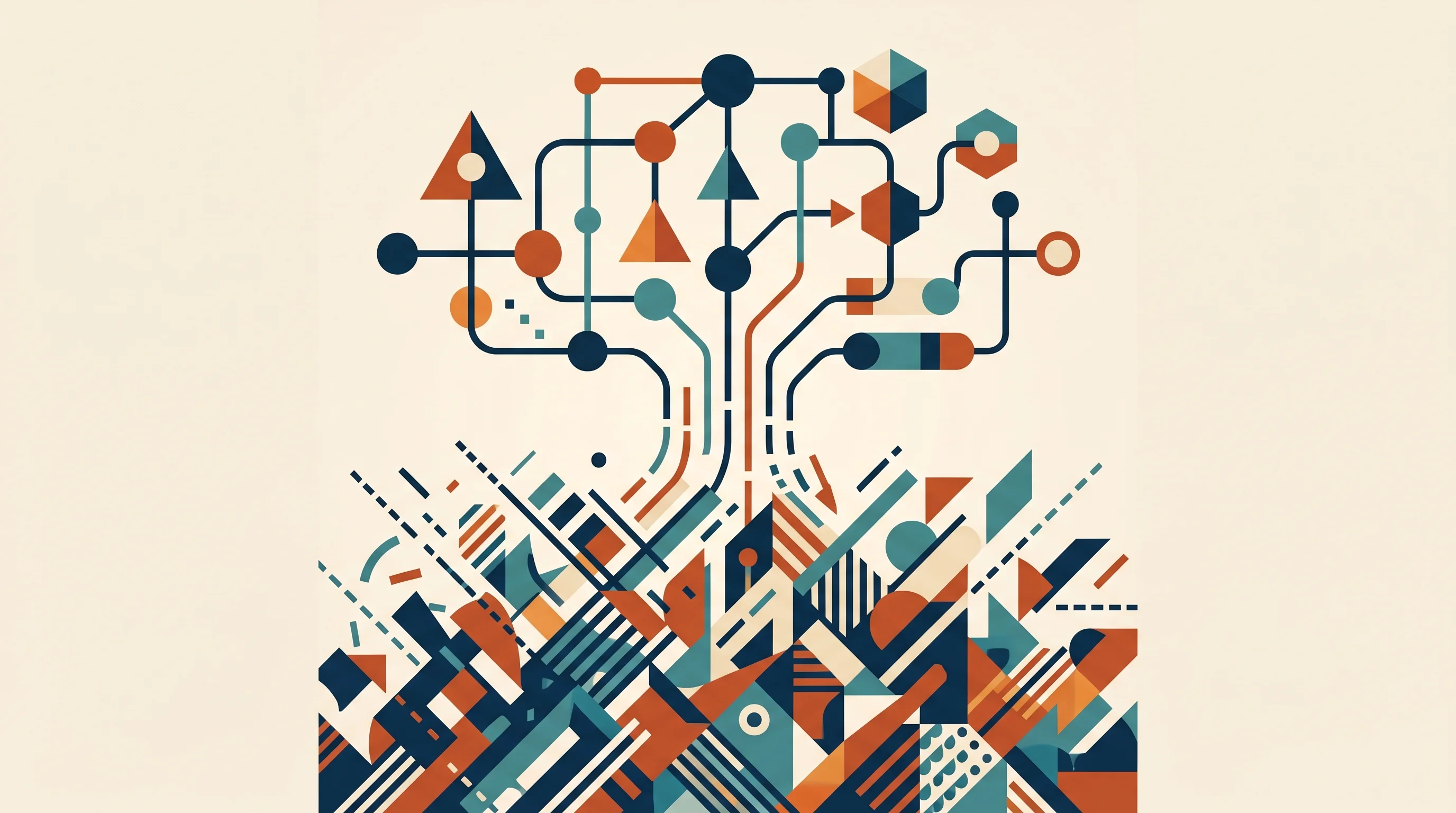 Digital illustration for article section "Patterns Emerging From the Chaos" in "OpenProse Launches Open-Source 'OS' for Long-Running AI Agents" - A clean, minimal, and conceptual illustration representing patterns emerging from chaos and the cons...
