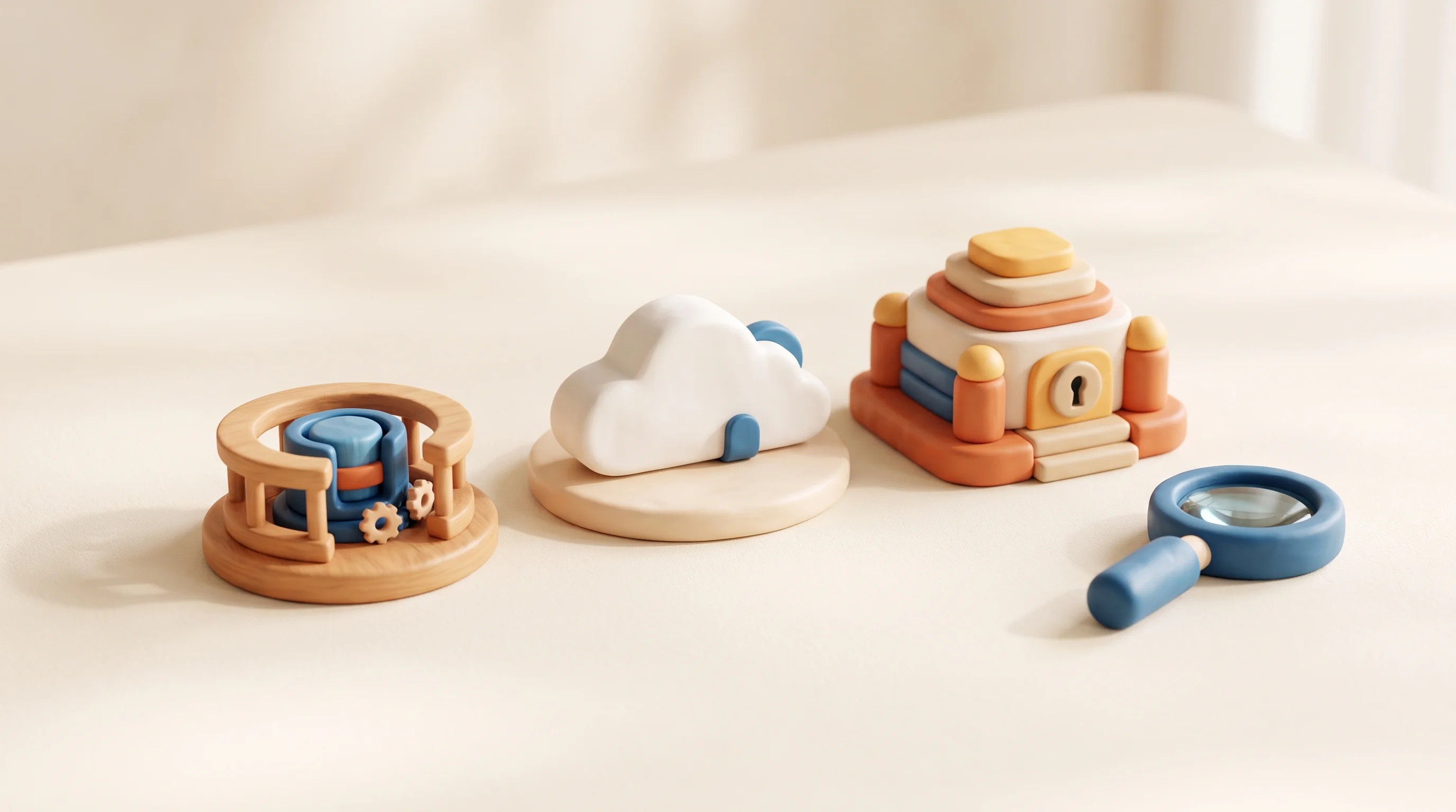 Digital illustration for article section "The Fine Print" in "Berbix Founder Launches Clawvisor to Secure AI Agent Access" - A clean, minimalist composition featuring three distinct, beautifully crafted miniature platforms re...