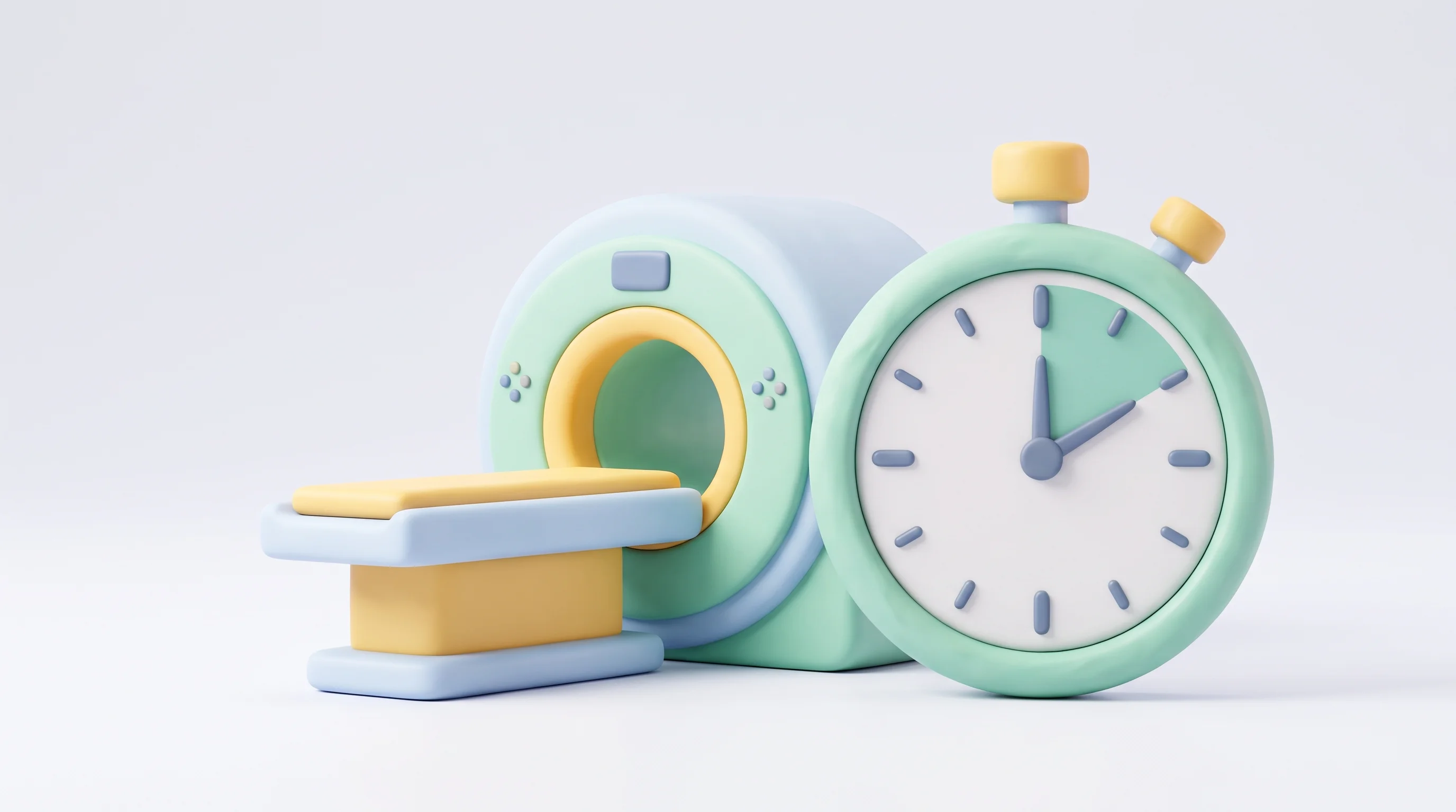 Digital illustration for article section "Software Eating the Scan Time" in "The Race to Reinvent MRI: How Startups Are Making Cancer Screening Affordable" - A conceptual, minimalist 3D clay style illustration representing the drastic reduction of MRI scan t...
