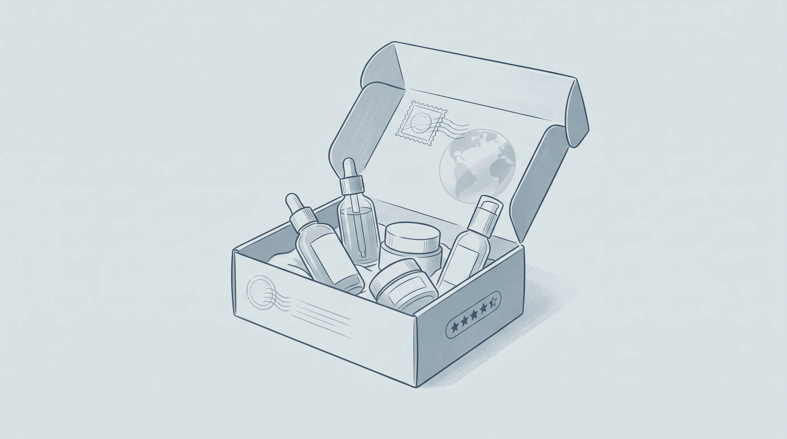 Digital illustration for article section "K-Beauty, Distilled by Algorithm" in "Light Anchor Launches AI Agents to Run Consumer Brands Autonomously" - A beautifully arranged, open subscription box revealing elegant Korean skincare products, including ...