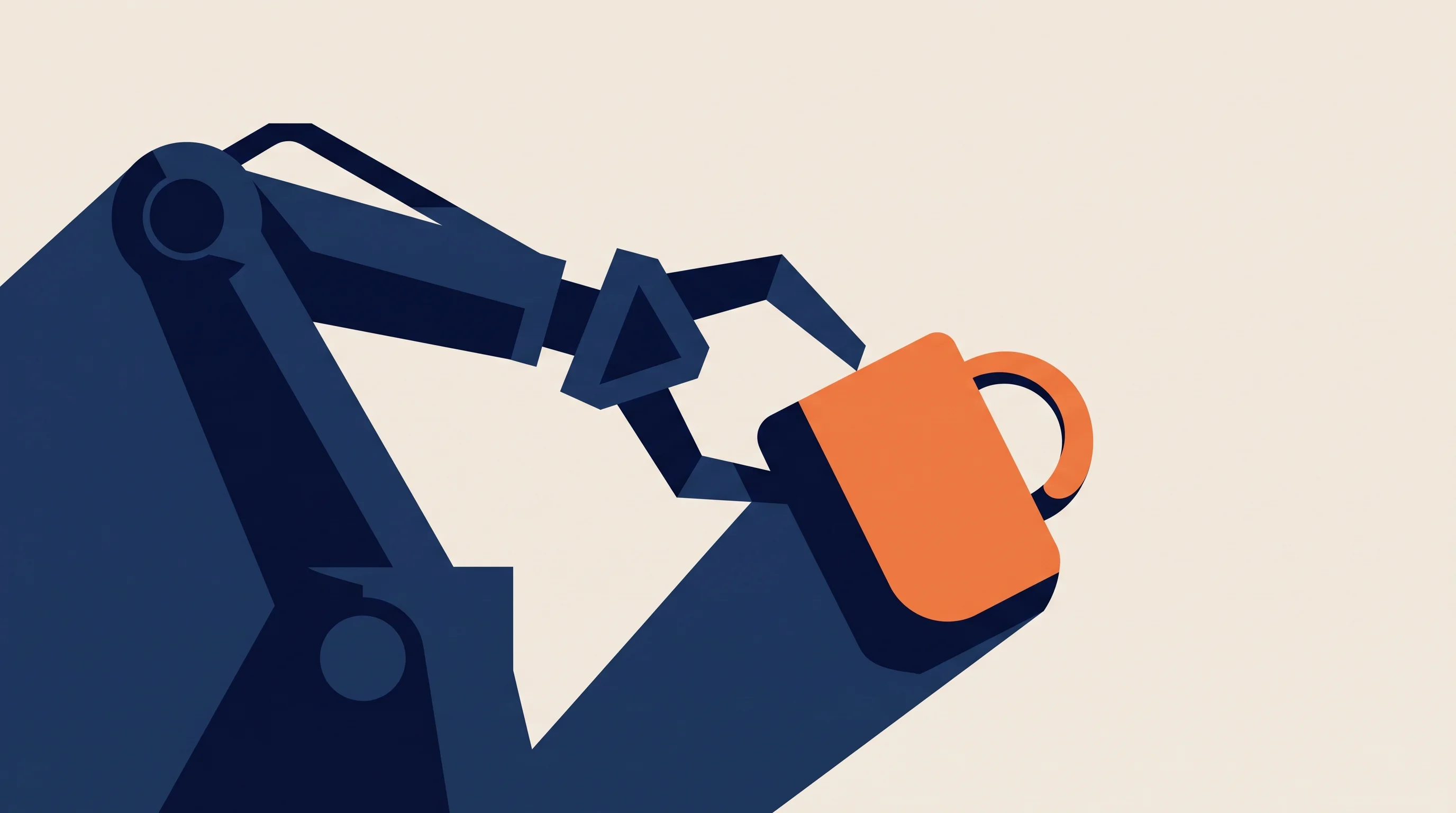 Digital illustration for article section "The Data Problem No One Talks About" in "YC-Backed Twolabs Launches Robot Platform to Democratize Caregiving AI" - A bold geometric minimalist illustration of a stylized robotic arm attempting to grasp a simple hous...