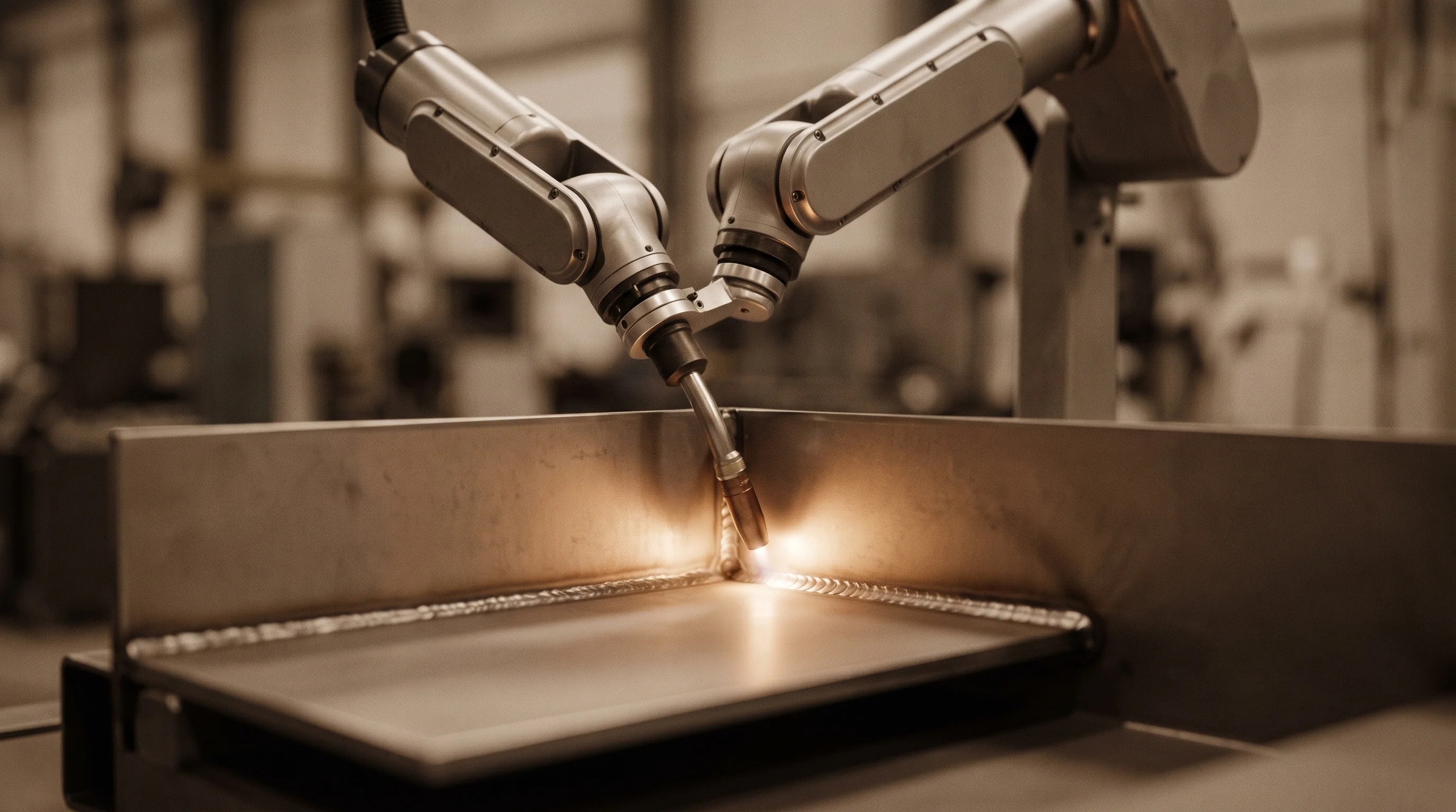 Digital illustration for article section "Who's Building What" in "How AI-Powered Welding Could Solve America's 320,000-Worker Shortage" - A conceptual, clean, and minimalist representation of machine intelligence transforming American wel...