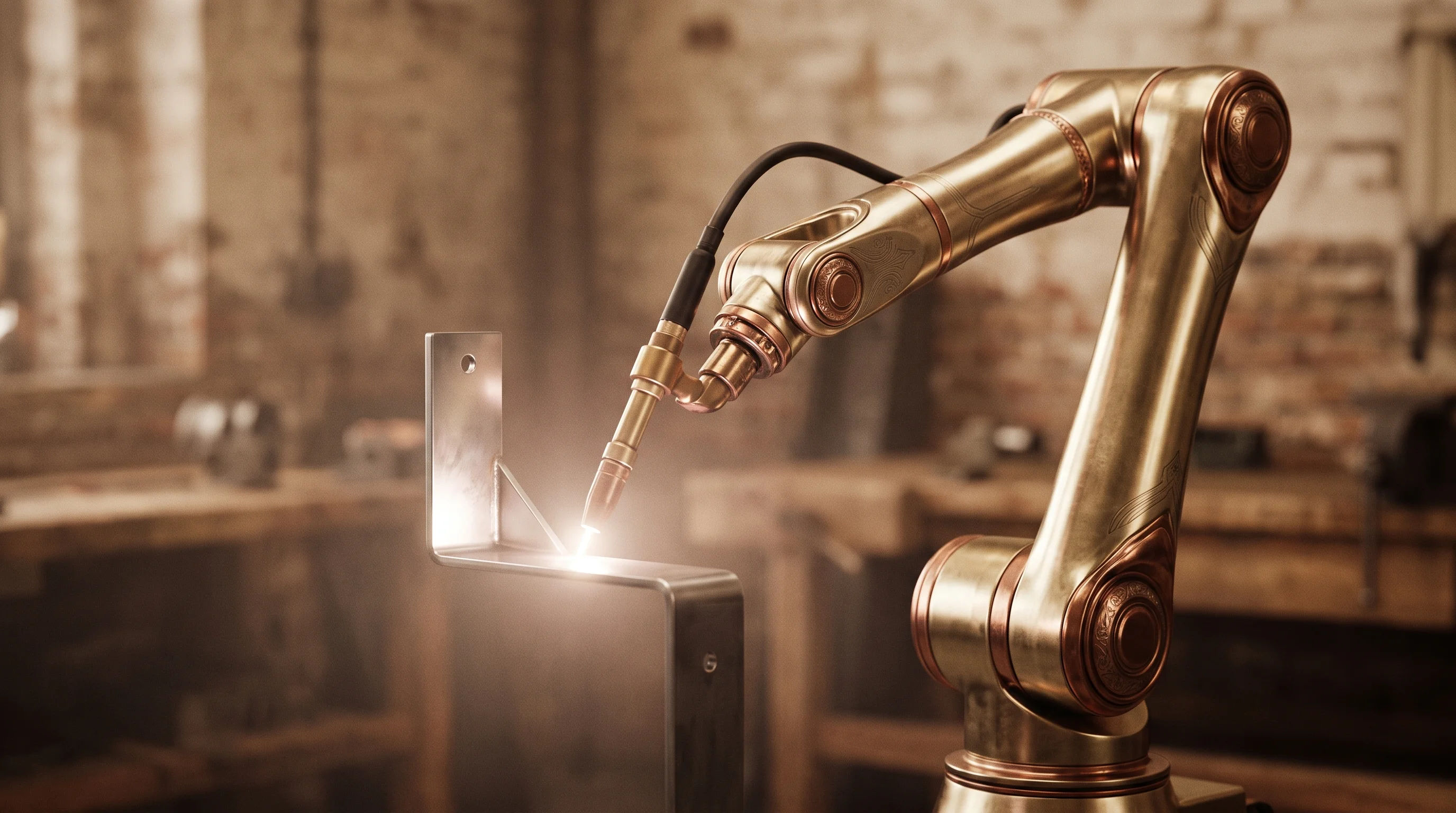 Digital illustration for article section "The Next 36 Months" in "How AI-Powered Welding Could Solve America's 320,000-Worker Shortage" - A sleek, modern robotic welding arm precisely fusing a clean metal bracket, representing the scalabl...