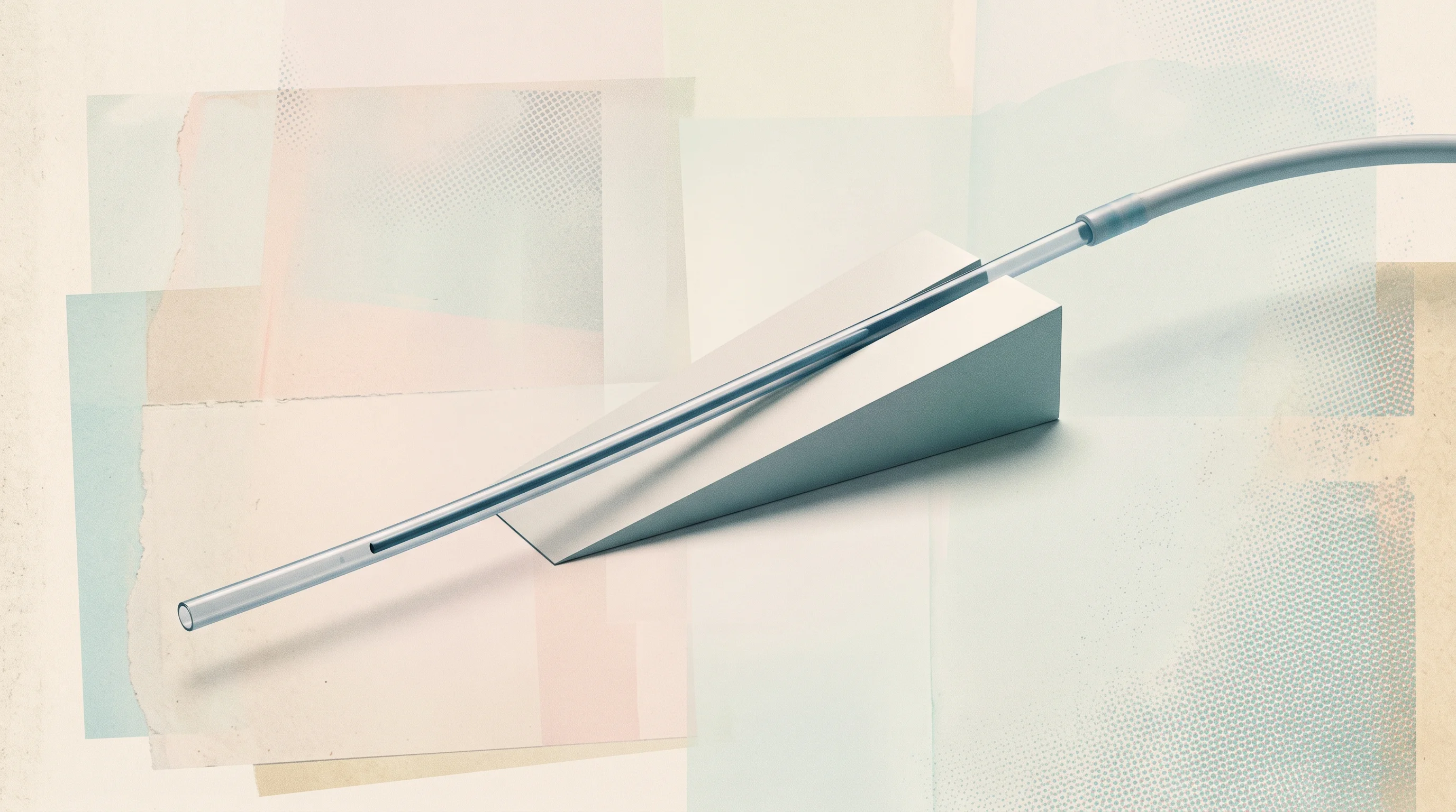Digital illustration for article section "Starting with the Simplest Hard Problem" in "Lumius Launches 3D Ultrasound System to Simplify Vascular Access" - A clean, minimalist conceptual representation of medical central line placement, featuring a single,...