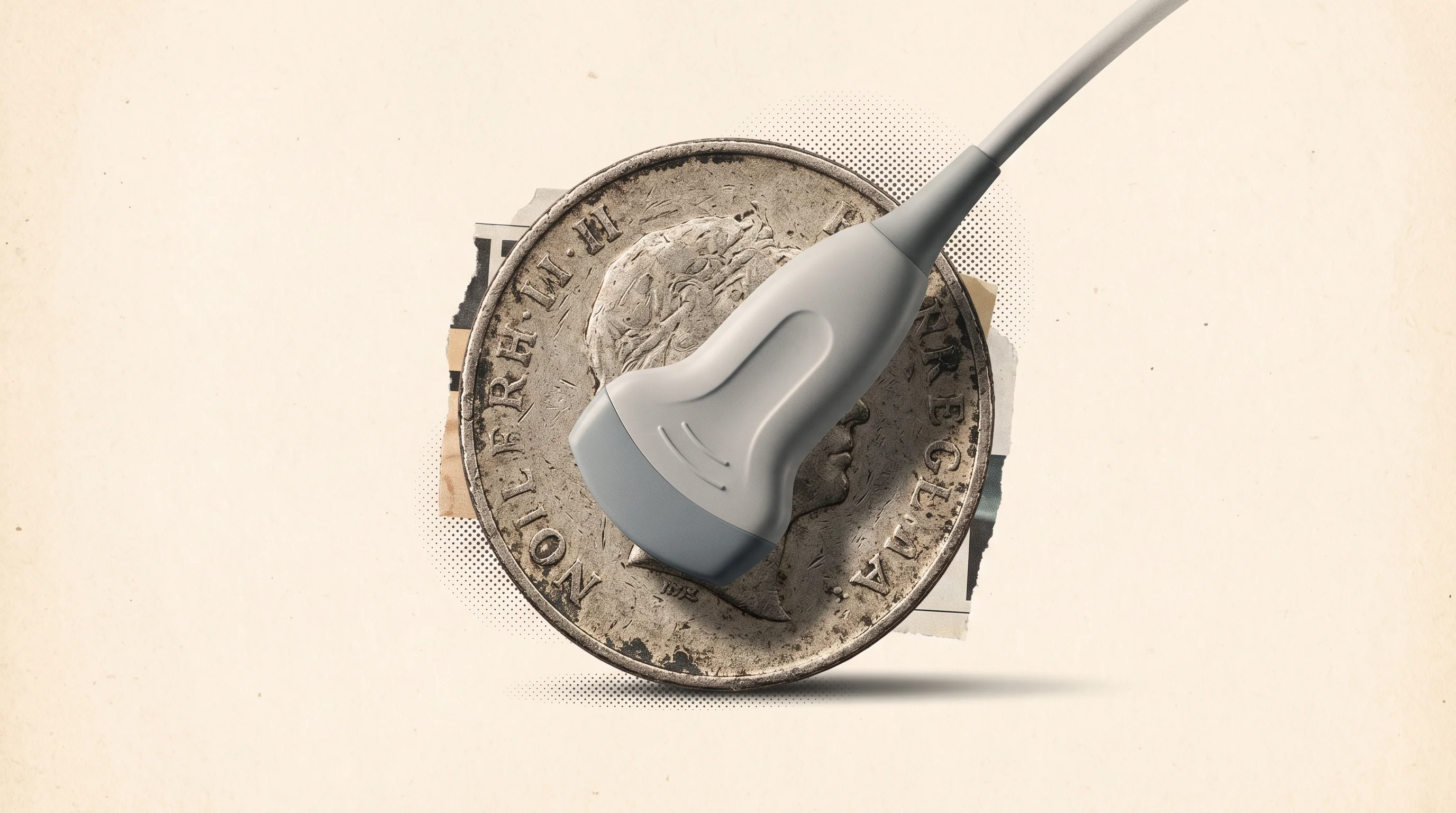 Digital illustration for article section "The Economics Might Matter More Than the Physics" in "Lumius Launches 3D Ultrasound System to Simplify Vascular Access" - A clean, minimalist conceptual image symbolizing dramatic cost reduction in medical technology, feat...