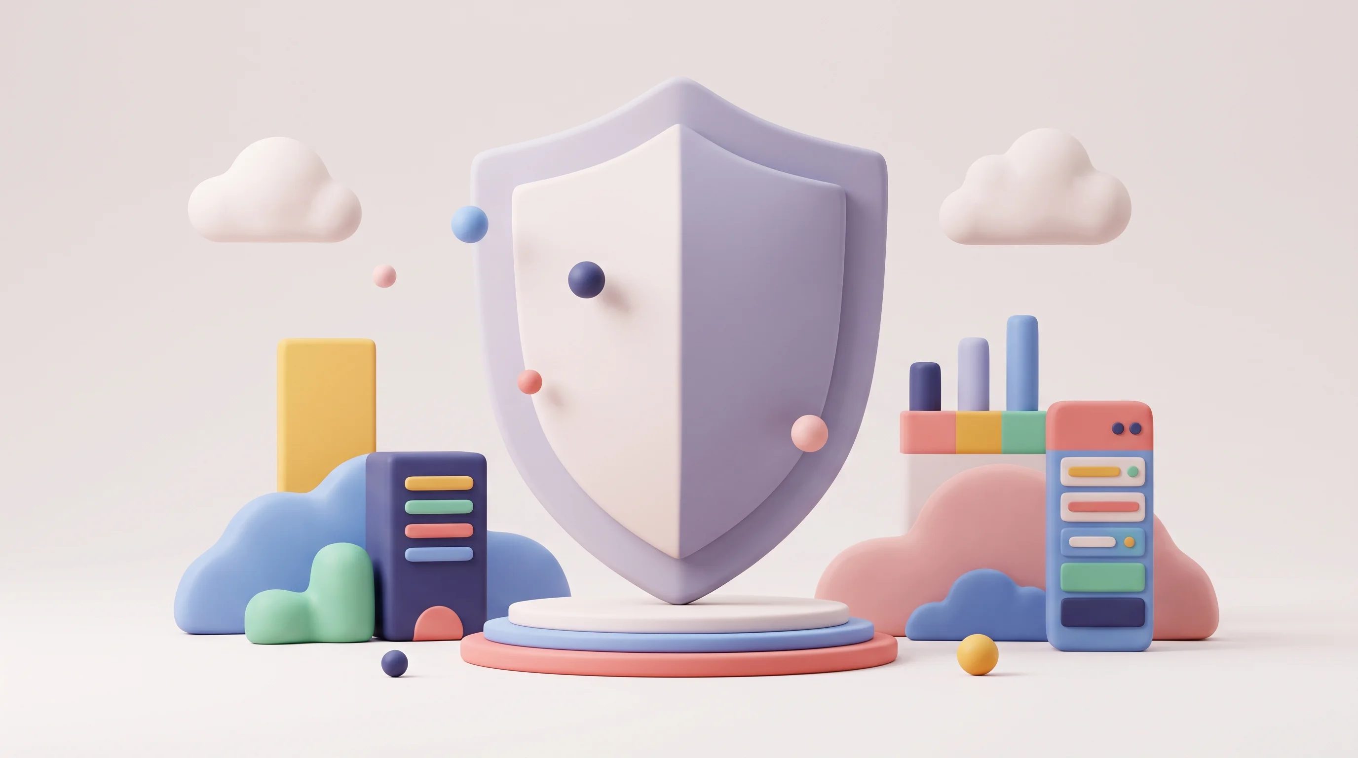 Digital illustration for article section "The Giants Are Already Here" in "Self-Improving AI Security Firewall Tackles Runtime Threats" - A conceptual, modern 3D illustration representing a professionalized landscape of tech giants and pr...