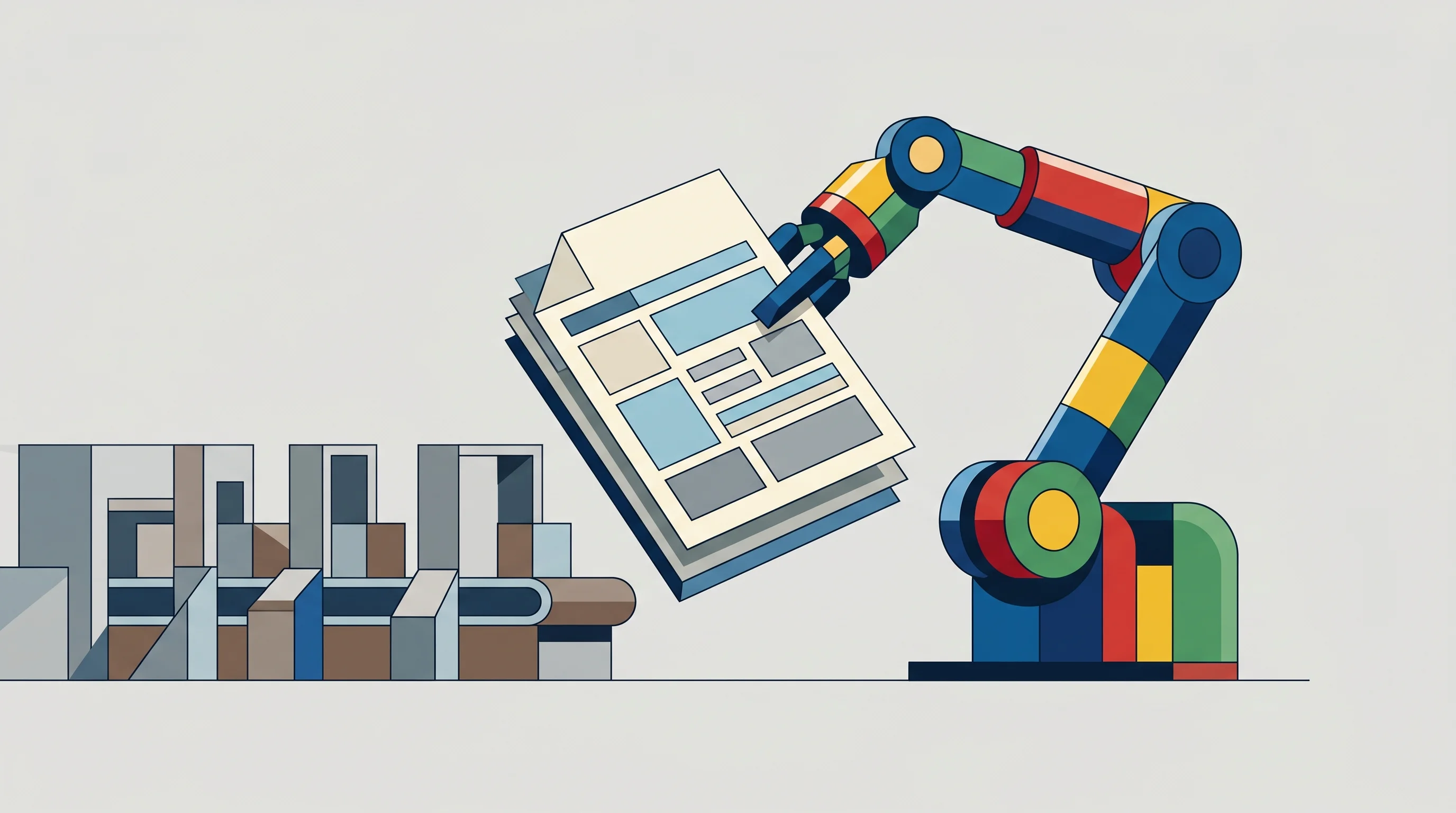 Digital illustration for article section "From Academic Labs to Production Floors" in "From Words to Workflows: AI's Push to Automate Lab Instruments" - A conceptual and minimalist illustration representing the transition of scientific protocols from ac...