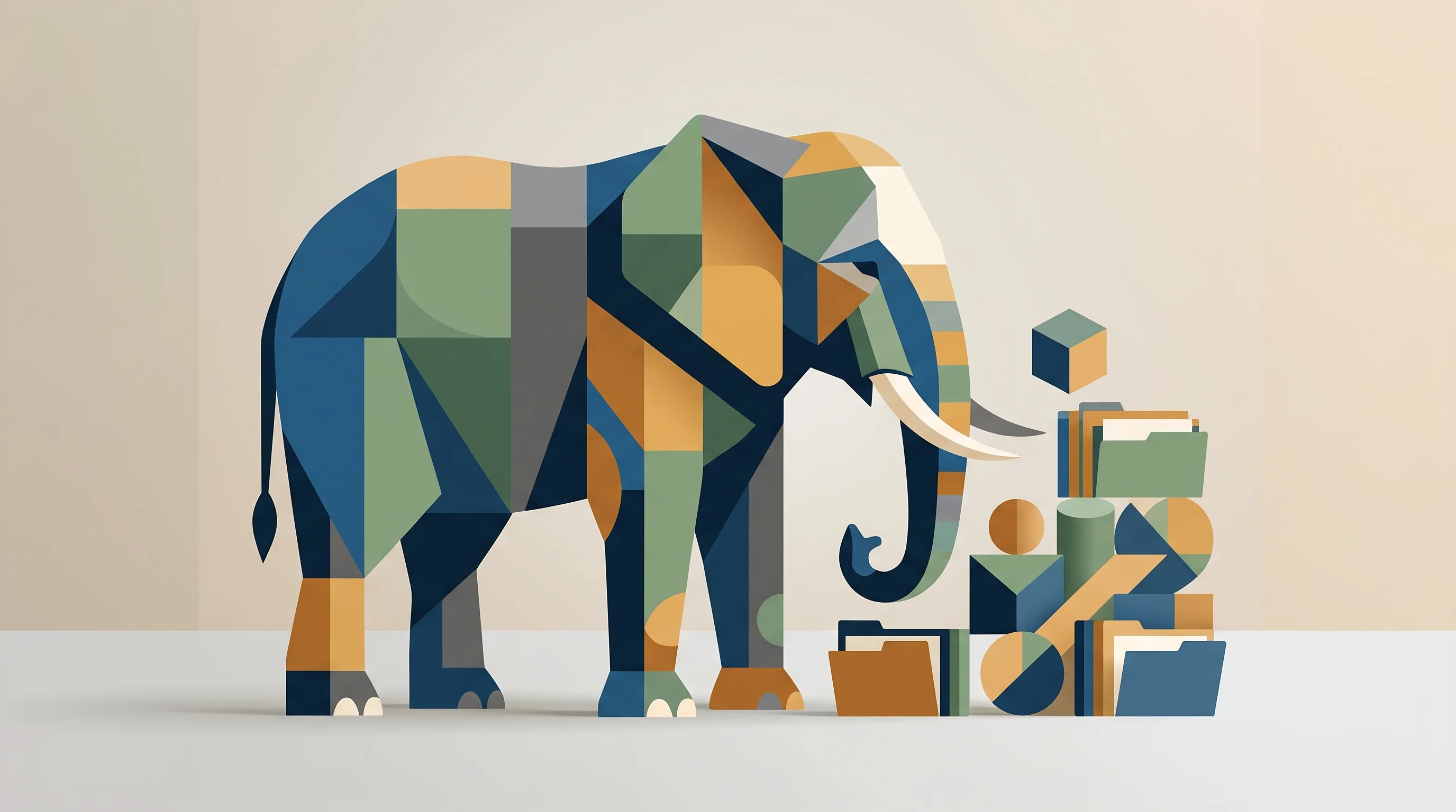 Digital illustration for article section "The Compliance Elephant" in "From Words to Workflows: AI's Push to Automate Lab Instruments" - A minimalist, conceptual illustration of a massive, abstract elephant constructed from clean geometr...