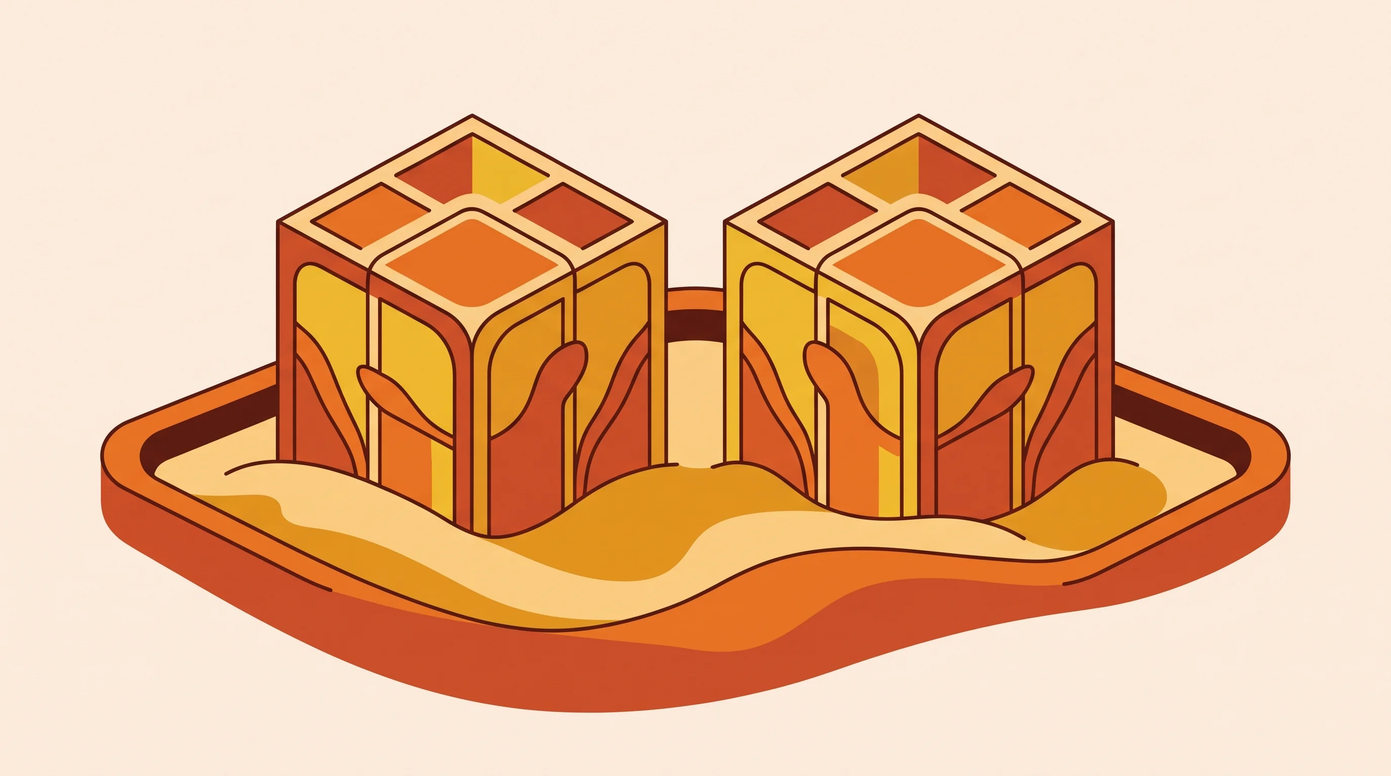 Digital illustration for article section "The Digital Twin Providers" in "The Race to Build Testing Infrastructure for AI Agents" - A conceptual and minimalist illustration representing "digital twins" and software sandboxes, featur...