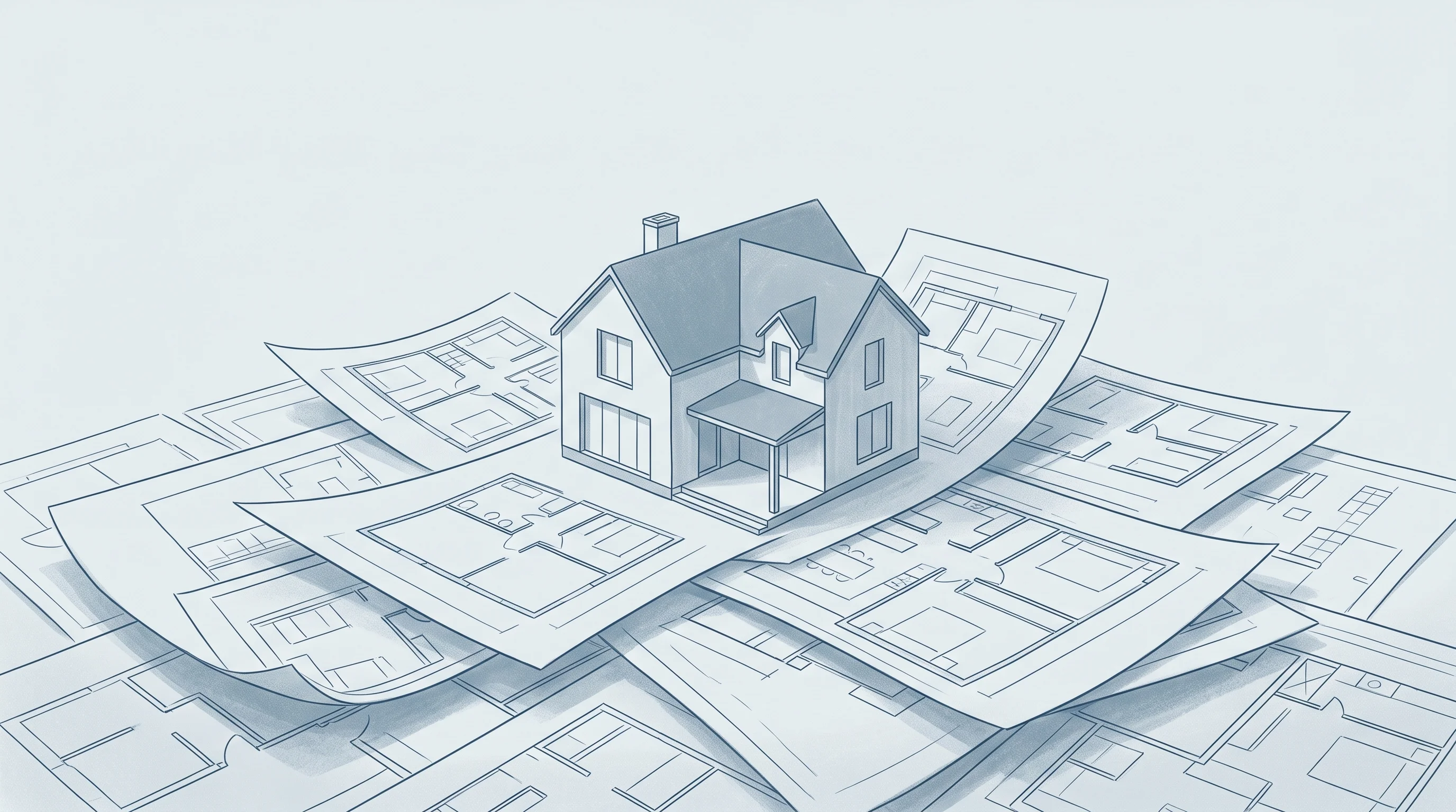 Digital illustration for article section "A Suddenly Crowded Field" in "Drafted Raises $16M to Bring Multimodal AI to Home Design" - A conceptual architectural illustration representing a crowded field of residential design platforms...