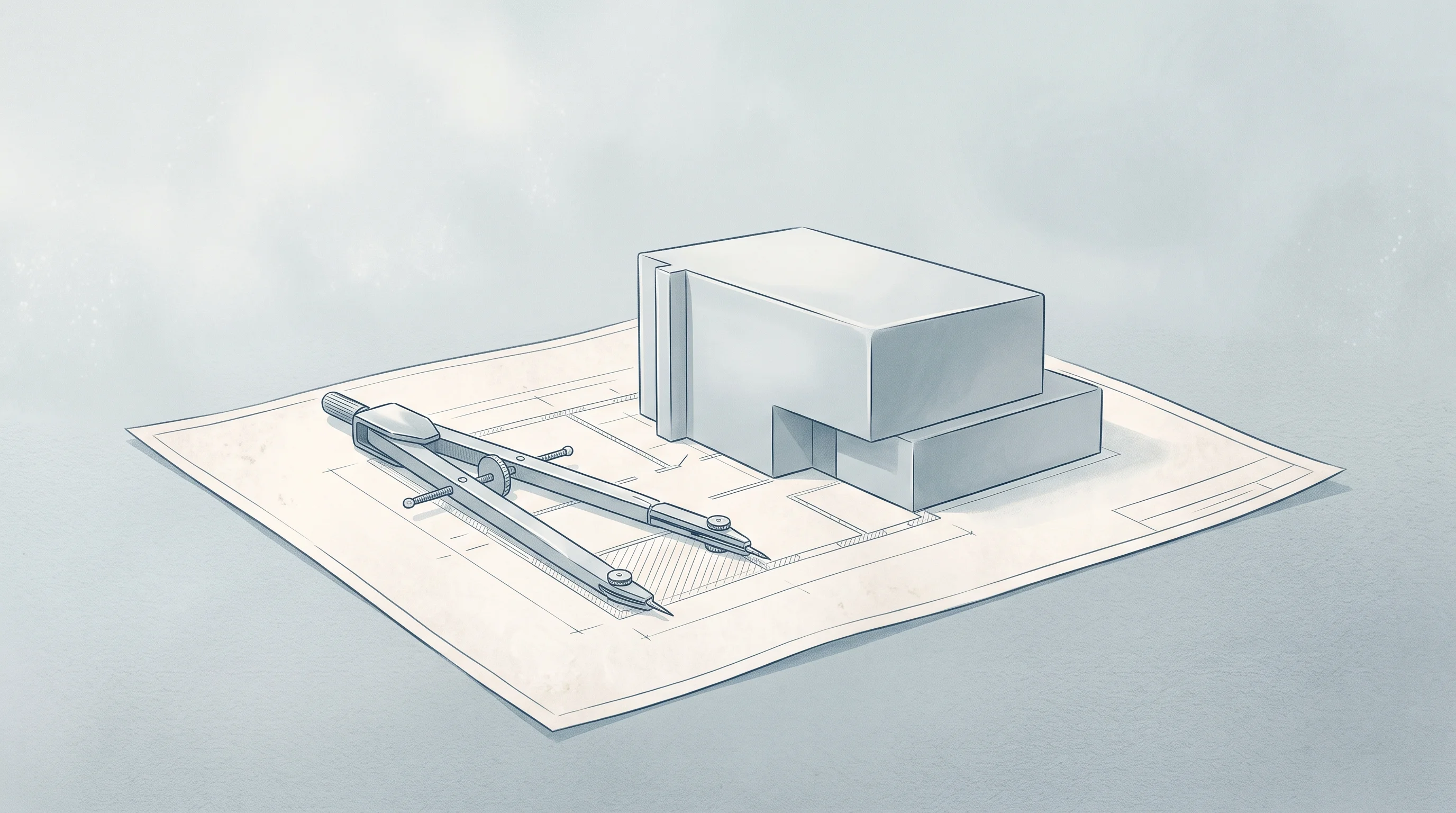 Digital illustration for article section "Maturing Fast, Carefully" in "Drafted Raises $16M to Bring Multimodal AI to Home Design" - A conceptual and minimalist architectural scene showing a sleek drafting compass resting beside a sm...