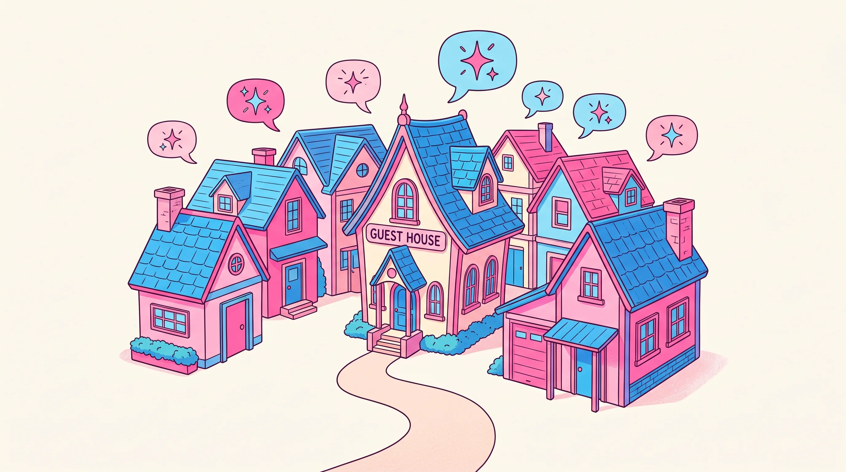 Digital illustration for article section "A Crowded Lane" in "Besty AI Raises $3.75M to Automate Vacation Rental Operations" - A whimsical, conceptual illustration representing a crowded market of short-term rental automation t...
