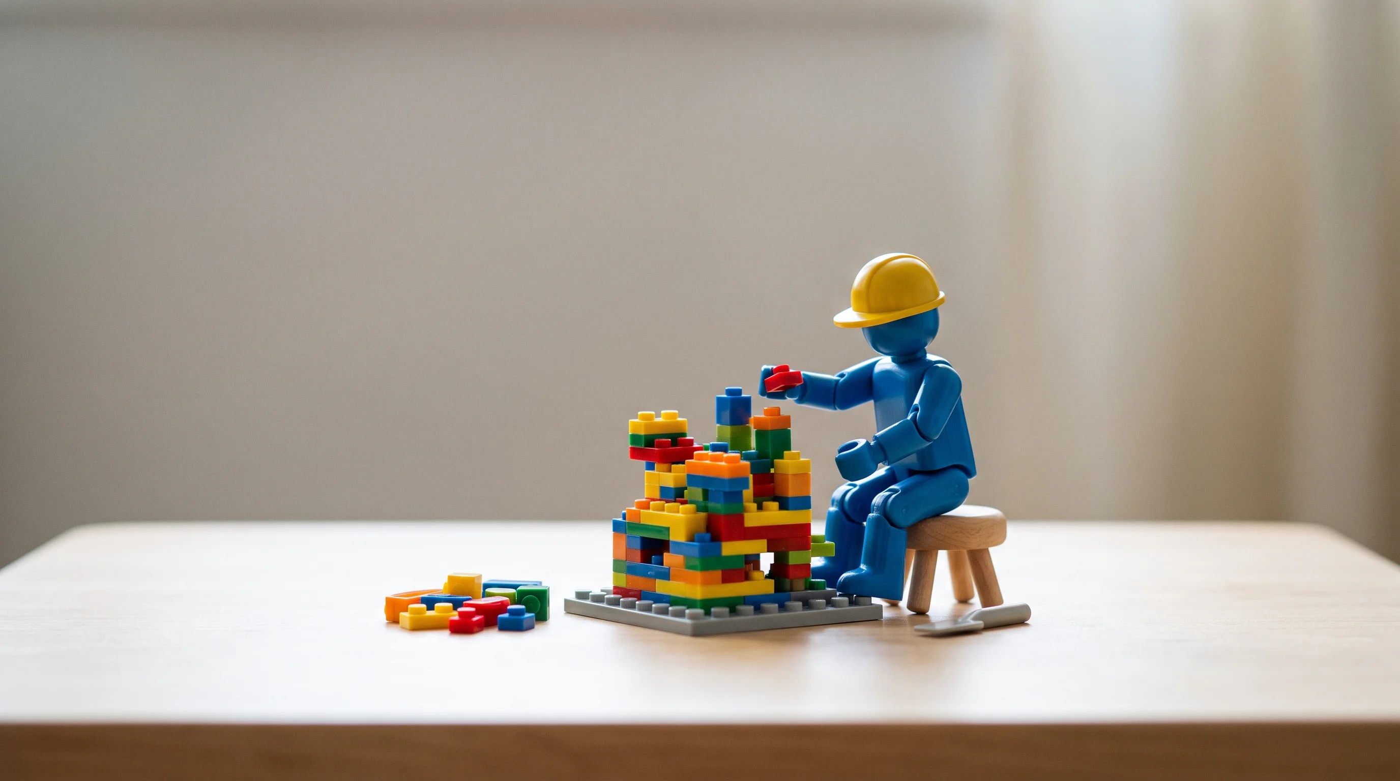 Digital illustration for article section "What's Actually There" in "Zenbu Launches IDE for Orchestrating Multiple AI Coding Agents" - A macro photograph of a single, generic, unidentifiable plastic toy figure working alone at a clean,...