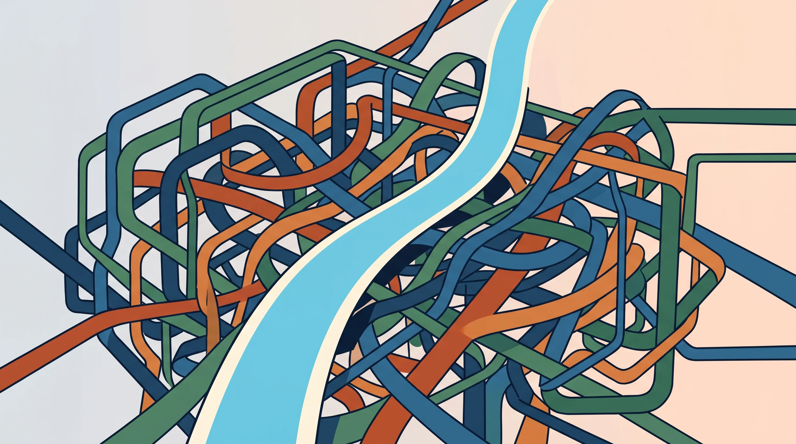 Digital illustration for article section "A Crowded, Confused Landscape" in "Ontora's AI Agent Maps Company Workflows in Hours, Not Months" - An abstract, conceptual illustration of a crowded, confused landscape composed of tangled, overlappi...