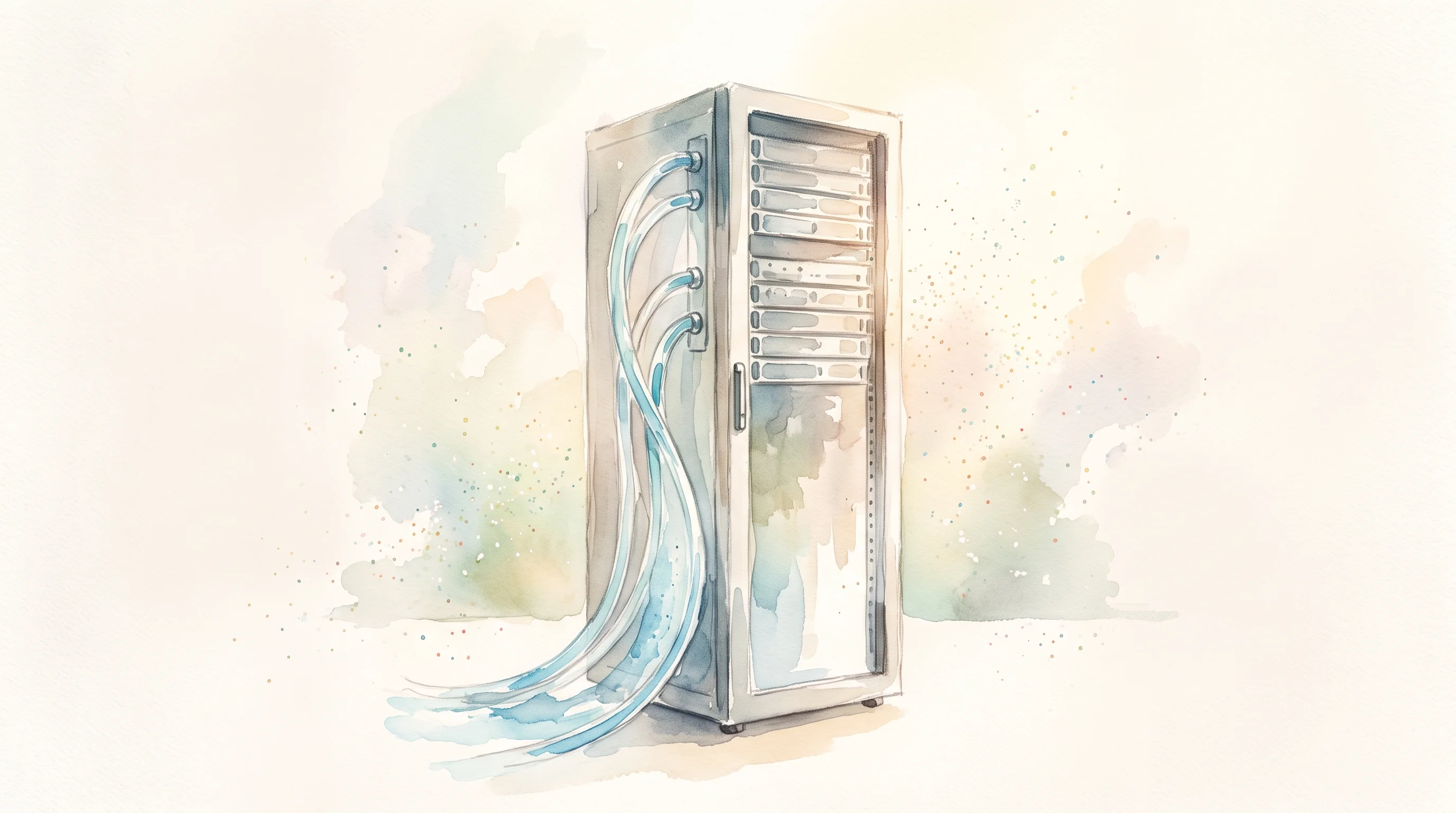 Digital illustration for article section "The Rack-to-Room Integration Challenge" in "How Madrone's Dew-Point Tech Could Cut Data Center Cooling Costs 30%" - A clean, minimalist composition featuring a single, modern server rack elegantly integrated with a l...