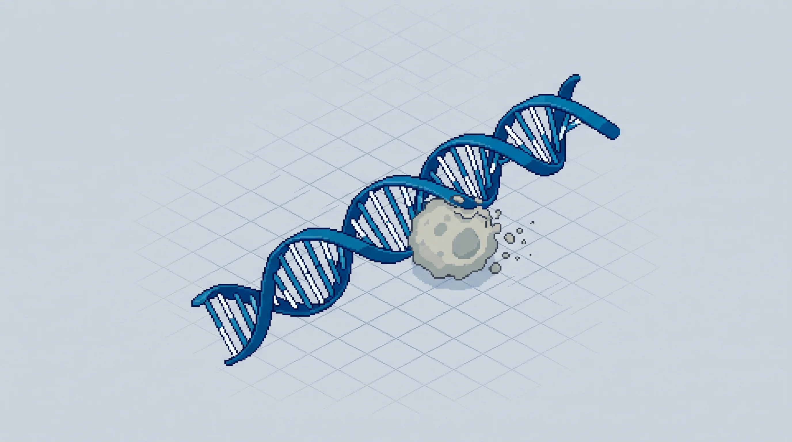 Digital illustration for article section "The Precedent for DNA-Targeted Cell Death" in "DNA-Triggered Drugs: Inside the Race to Cure 'Undruggable' Diseases" - A clean, minimal isometric composition featuring a single, prominent DNA double helix acting as a pr...