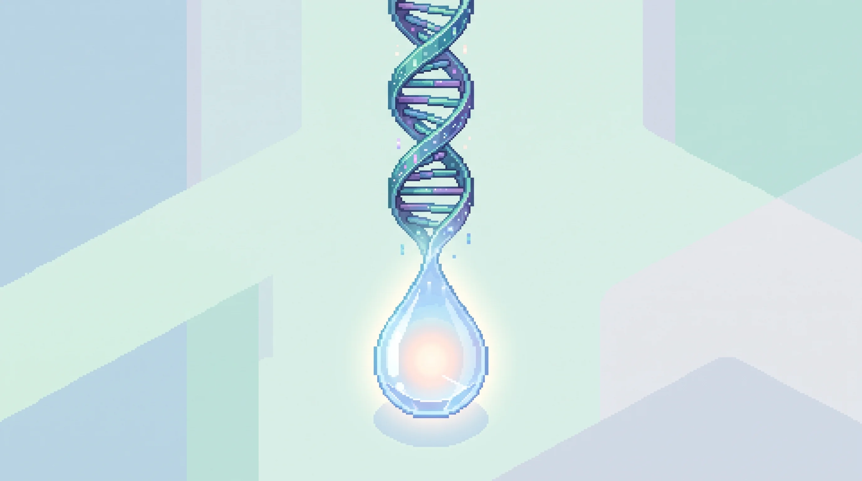 Digital illustration for article section "The Question That Remains" in "DNA-Triggered Drugs: Inside the Race to Cure 'Undruggable' Diseases" - A clean, minimalist isometric pixel art conceptualization of programmable biology, featuring a singl...