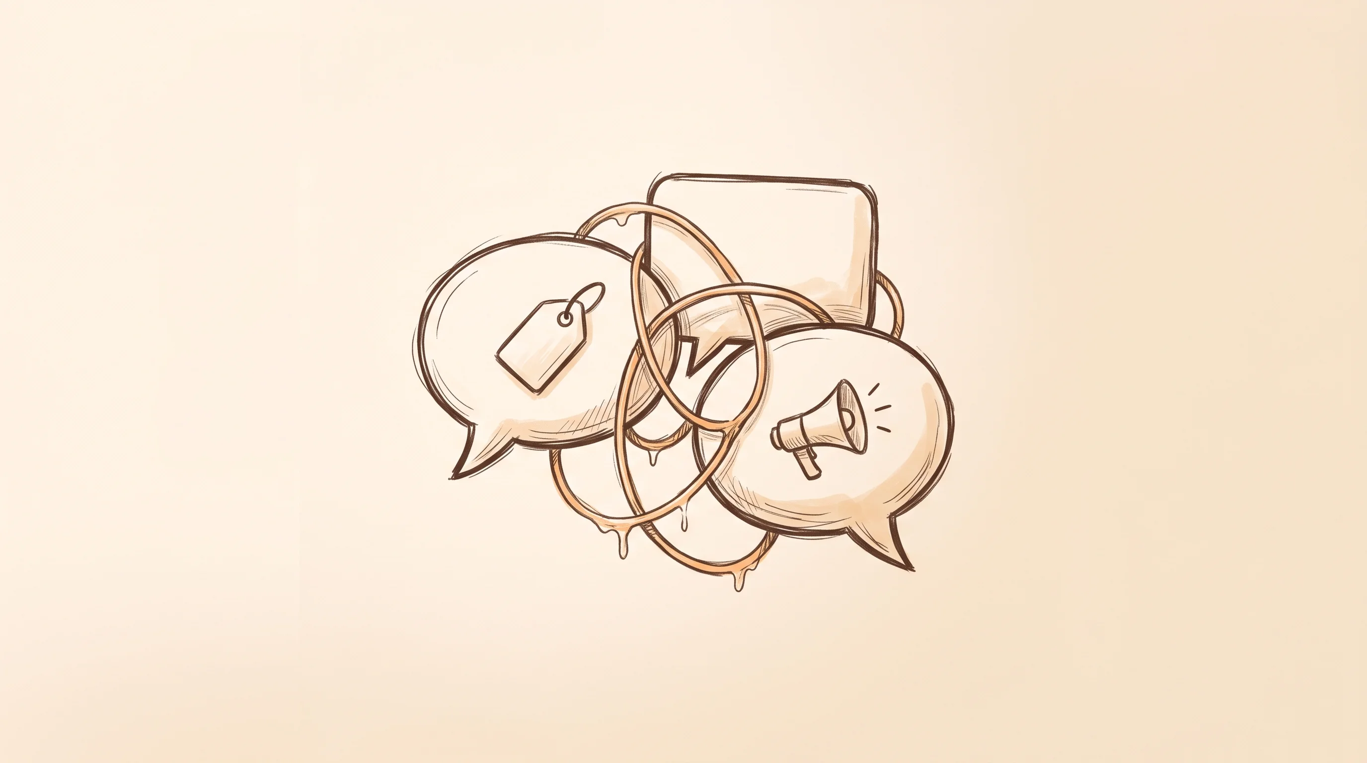 Digital illustration for article section "Where the Conversation Gets Sticky" in "Juno's AI Health Assistant Reaches 125K Chronic Illness Patients in 8 Months" - A minimalist, conceptual illustration of three overlapping speech bubbles connected by tangled, slig...