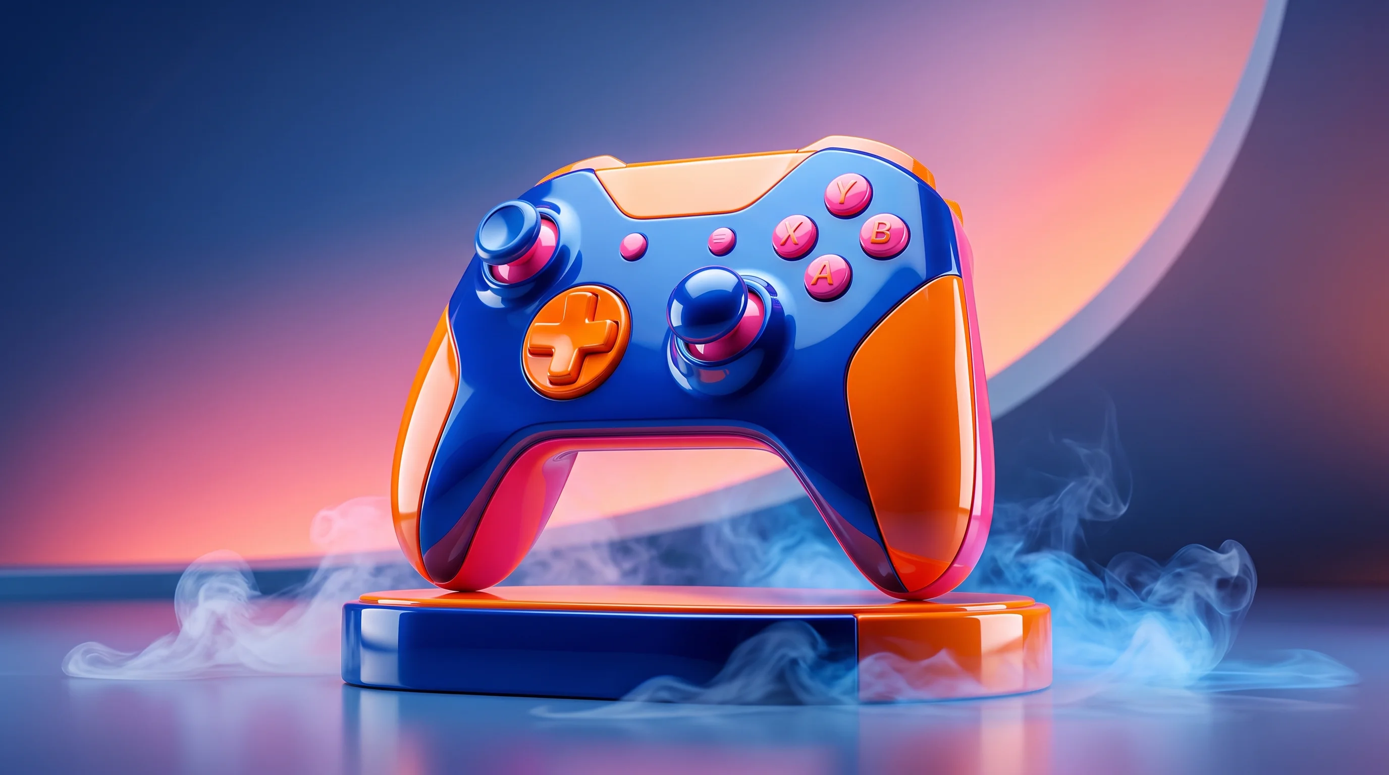 Digital illustration for article section "The Bigger Picture" in "Lightwheel Raises $147M to Build Infrastructure for Physical AI Era" - A sleek, monumental, modern video game controller resting on a smooth, elevated pedestal, symbolizin...
