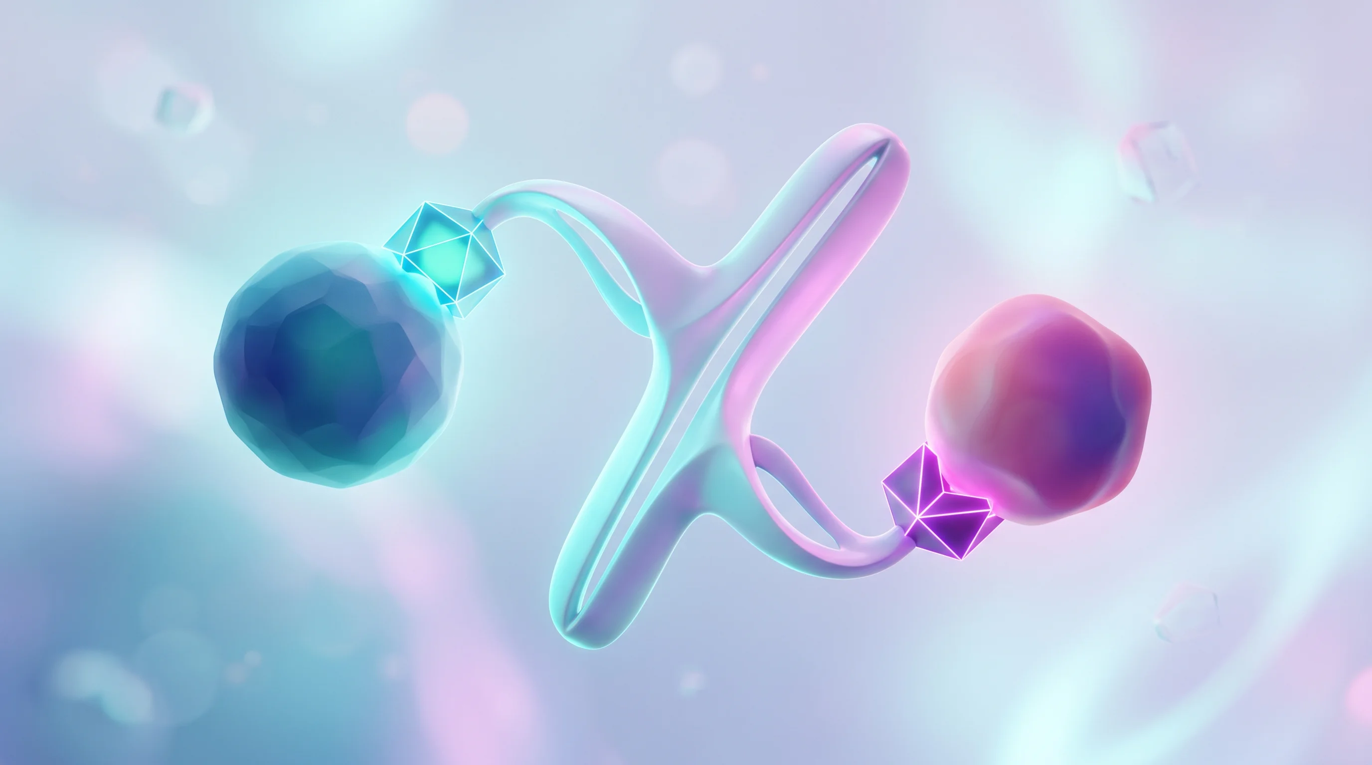 Digital illustration for article section "The Molecule in Question" in "Ollin Biosciences Raises $330M to Challenge Roche in Eye Disease" - A minimalist, conceptual visualization of a bispecific antibody, represented as a sleek, futuristic ...