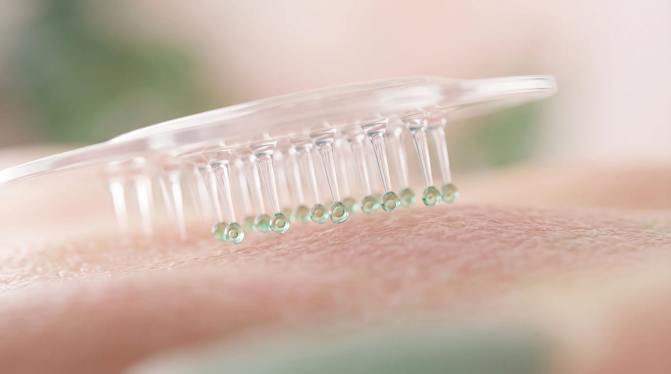 Digital illustration for article section "How the Patch Works" in "DermR Health Targets 1B Biopsies with $6.5M Microneedle Patch Tech" - An ultra-close-up, macro tilt-shift photograph of a modern medical skin patch featuring a precise ar...