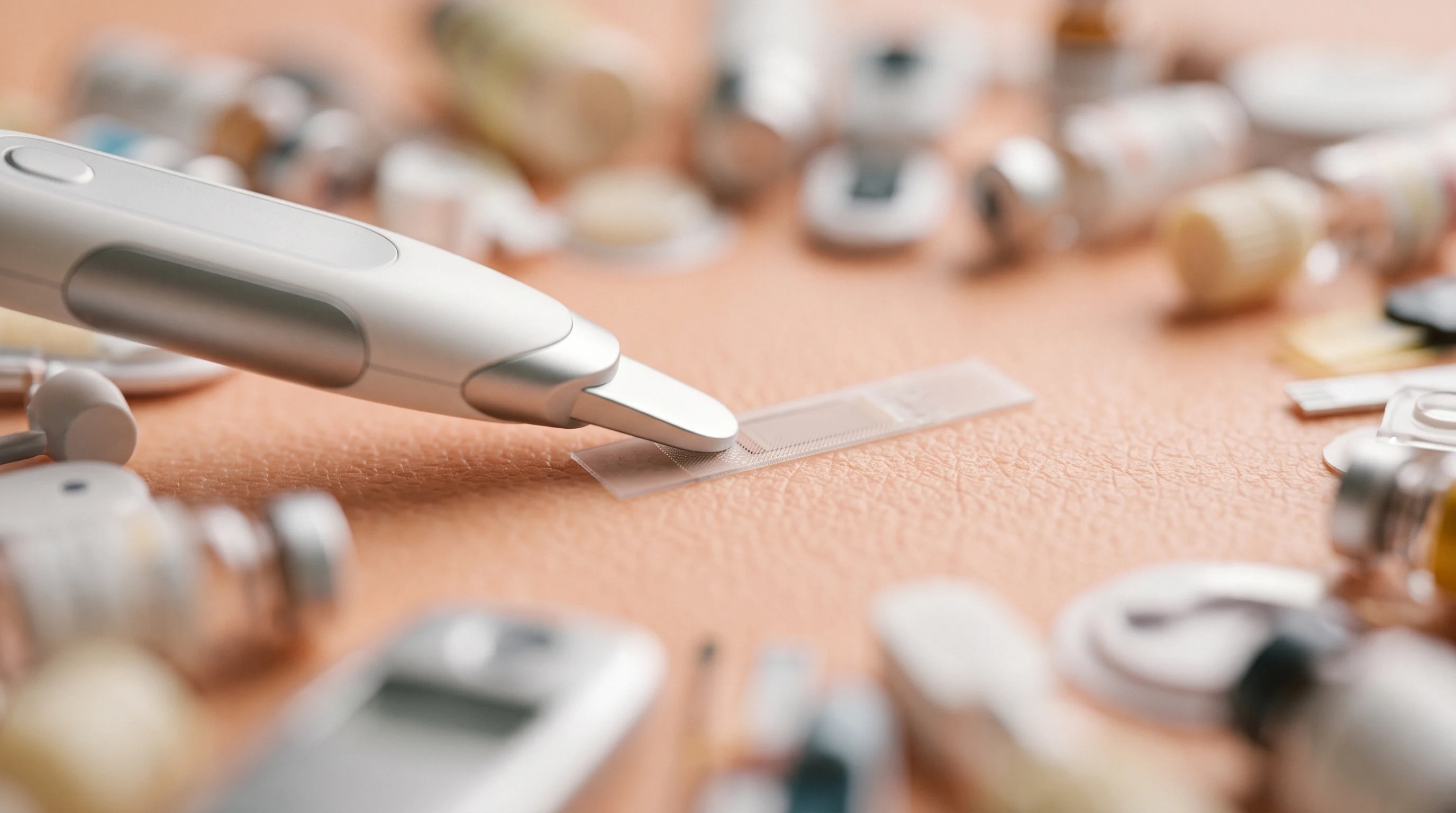 Digital illustration for article section "A Crowded Field" in "DermR Health Targets 1B Biopsies with $6.5M Microneedle Patch Tech" - A macro, tilt-shift photograph representing a crowded field of modern dermatology diagnostics, featu...