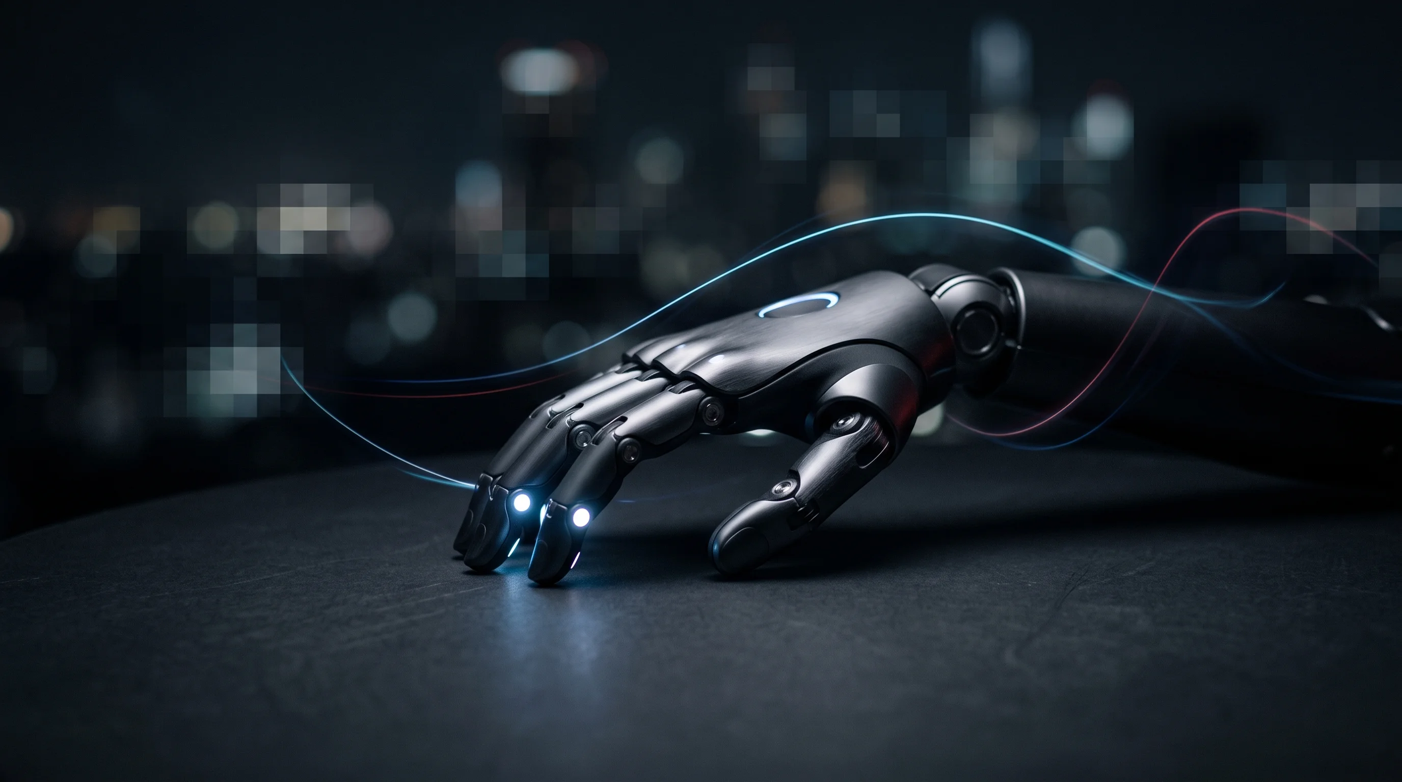 Digital illustration for article section "The Tesla Problem" in "Ex-Tesla Engineers Raise $11M for Robot Hands After Legal Battle" - A sleek, modern robotic hand resting on a minimalist dark surface, serving as the central focal poin...