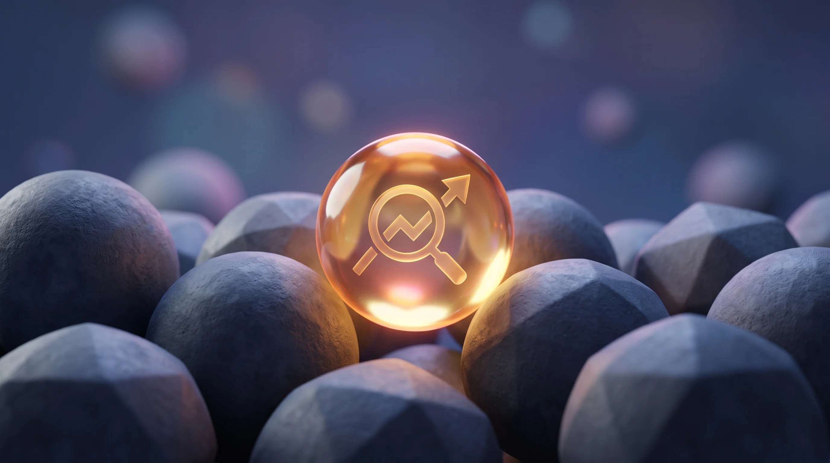 Digital illustration for article section "Fighting for Oxygen in a Crowded Market" in "YC-Backed Autostep Launches 'P&L for Knowledge Work' to Map AI ROI" - A hyperrealistic, Pixar-quality 3D animation style rendering of a single, vibrant, glowing glass sph...
