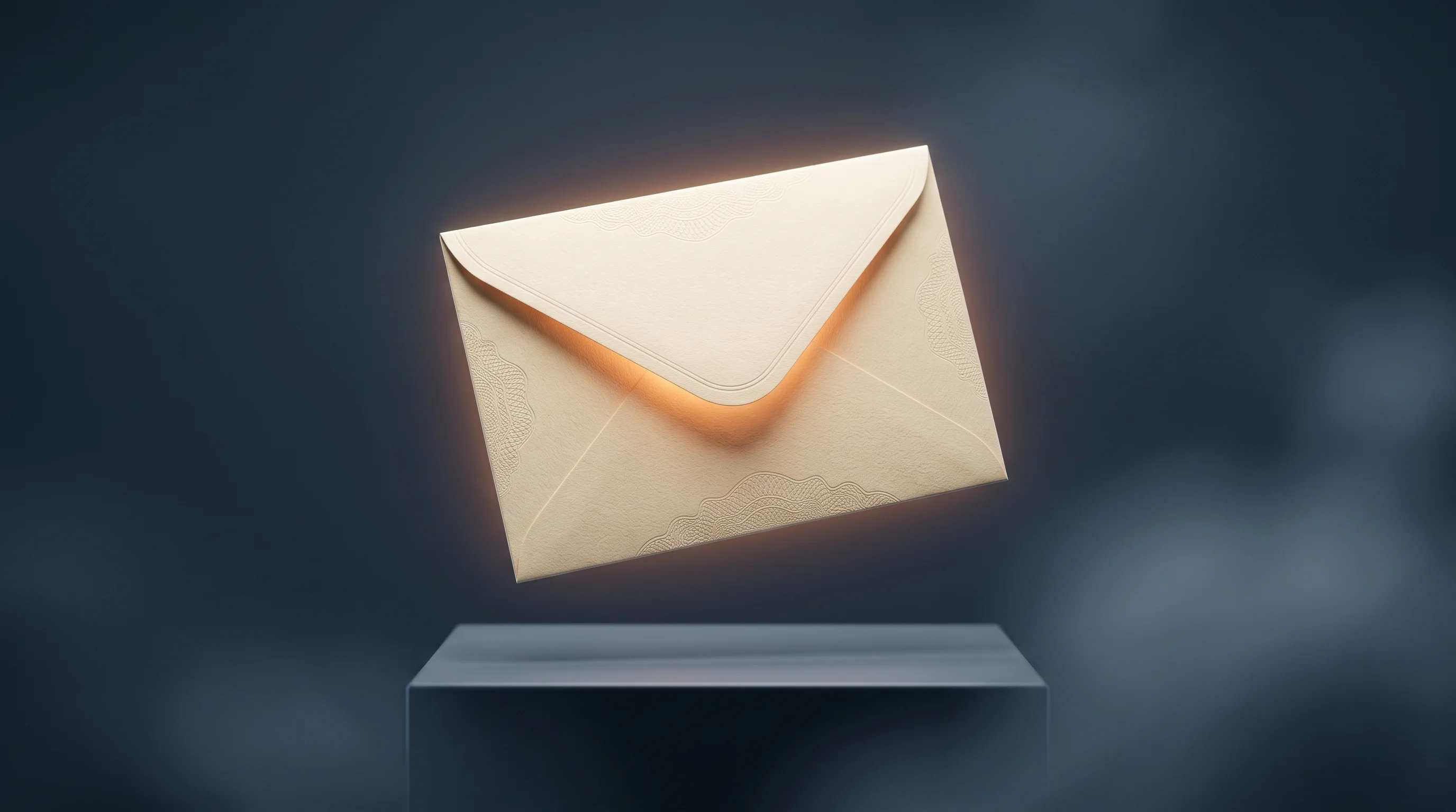 Digital illustration for article section "Invite-Only, For Now" in "YC-Backed Autostep Launches 'P&L for Knowledge Work' to Map AI ROI" - A pristine, hyper-detailed premium invitation envelope floating elegantly above a sleek, minimalist ...
