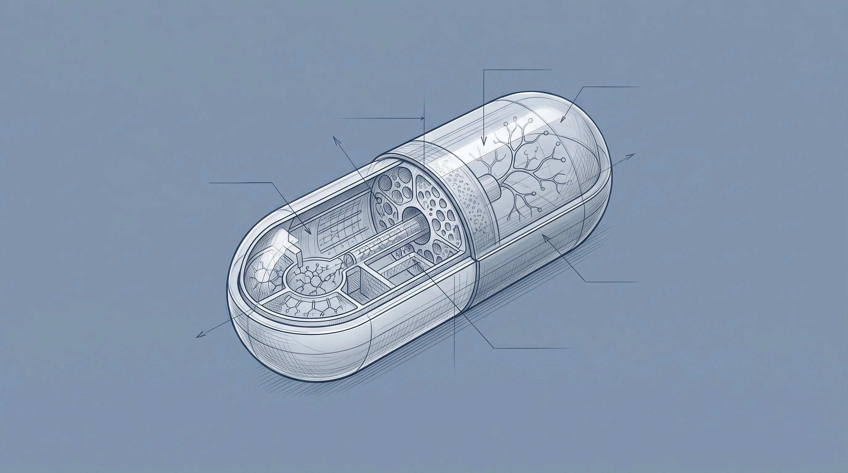 Digital illustration for article section "Why This Matters (Even If It's a Long Shot)" in "smartbax Closes €6.3M Pre-Series A to Push Novel Antibiotic to IND" - A clean, minimal, and highly detailed technical blueprint of a single advanced antibiotic capsule, c...