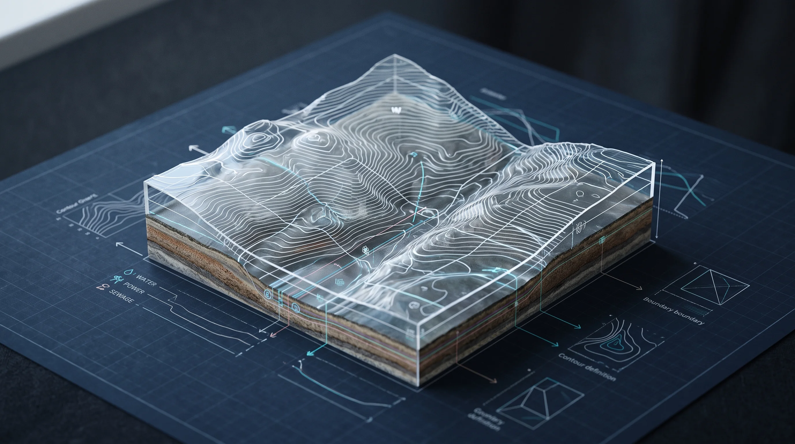 Digital illustration for article section "Pre-Construction, Not Cranes and Hard Hats" in "Build.inc Raises $8.5M to Automate Real Estate Development with AI" - A clean, minimalist conceptual image representing the pre-construction and site analysis phase, feat...