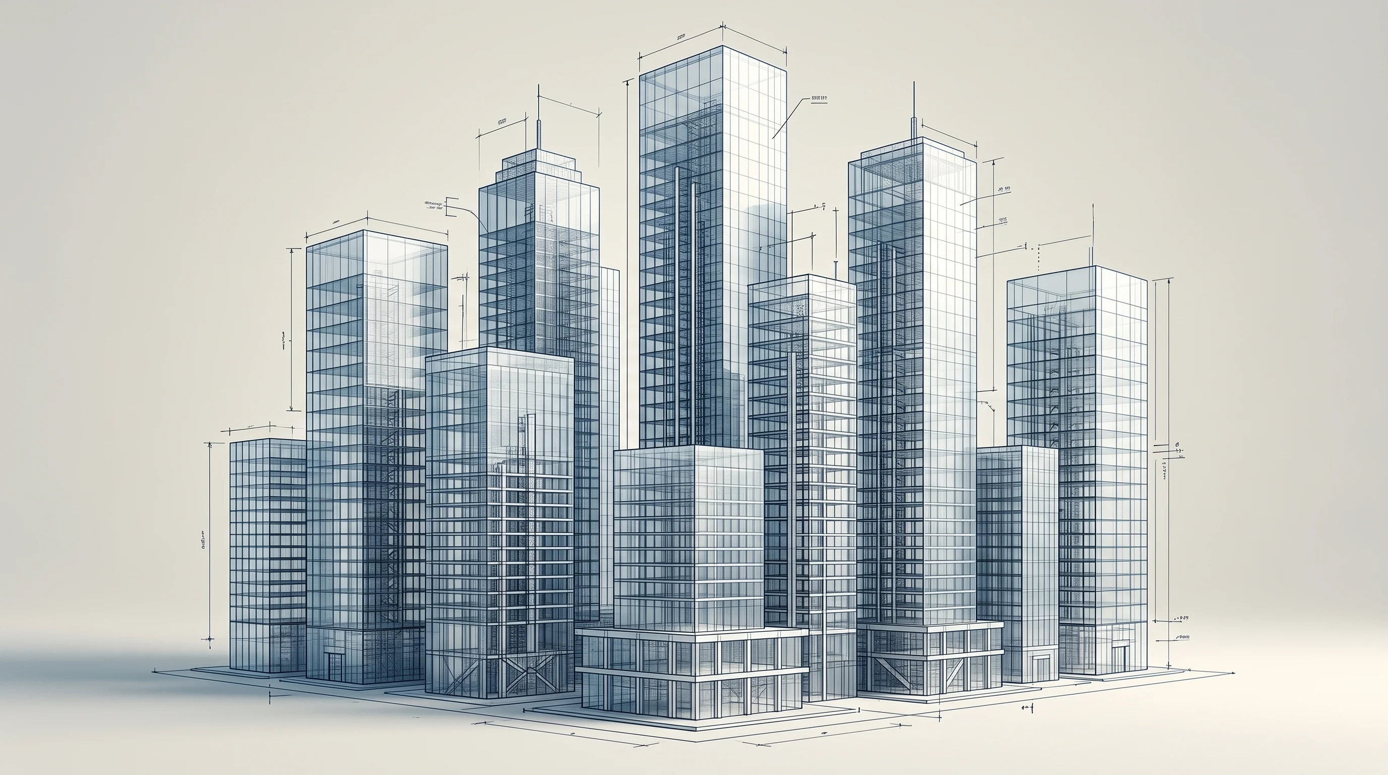 Digital illustration for article section "A Crowded Moment in Proptech" in "Build.inc Raises $8.5M to Automate Real Estate Development with AI" - A clean and minimal conceptual visualization of a crowded commercial real estate landscape, featurin...