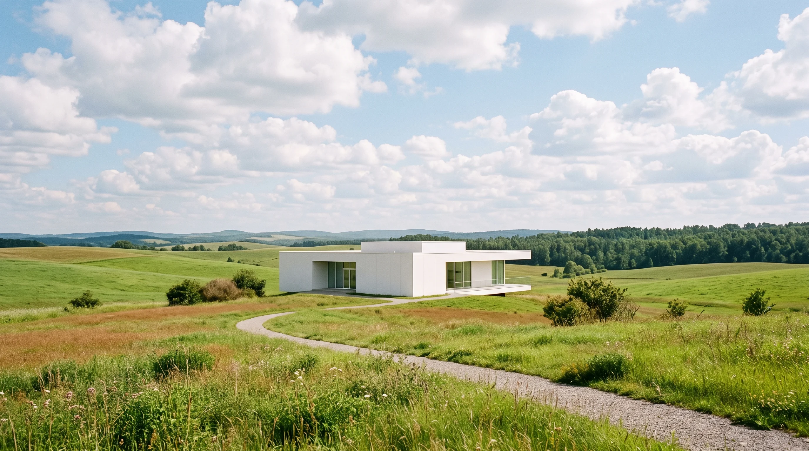 Digital illustration for article section "Deployments and What Comes Next" in "UpDoc Wins FDA Clearance for AI Agent That Manages Diabetes Care" - A pristine, minimalist white modern medical pavilion stands as a single strong focal element in a va...