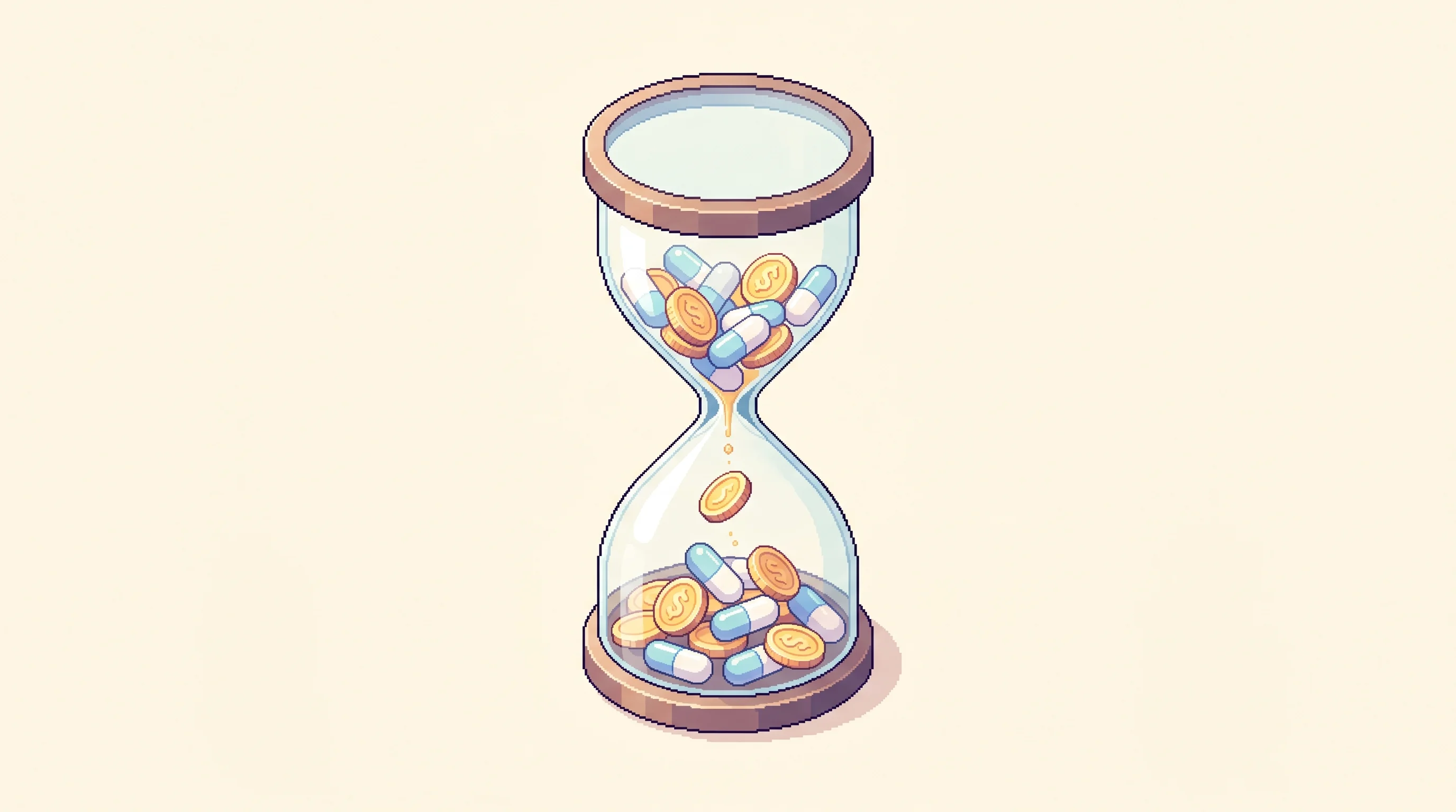 Digital illustration for article section "The Clock Is Ticking" in "Beeline Medicines Ups Series A to $426M for Autoimmune Push" - A conceptual, minimalist isometric illustration featuring a single, elegant hourglass as the strong ...