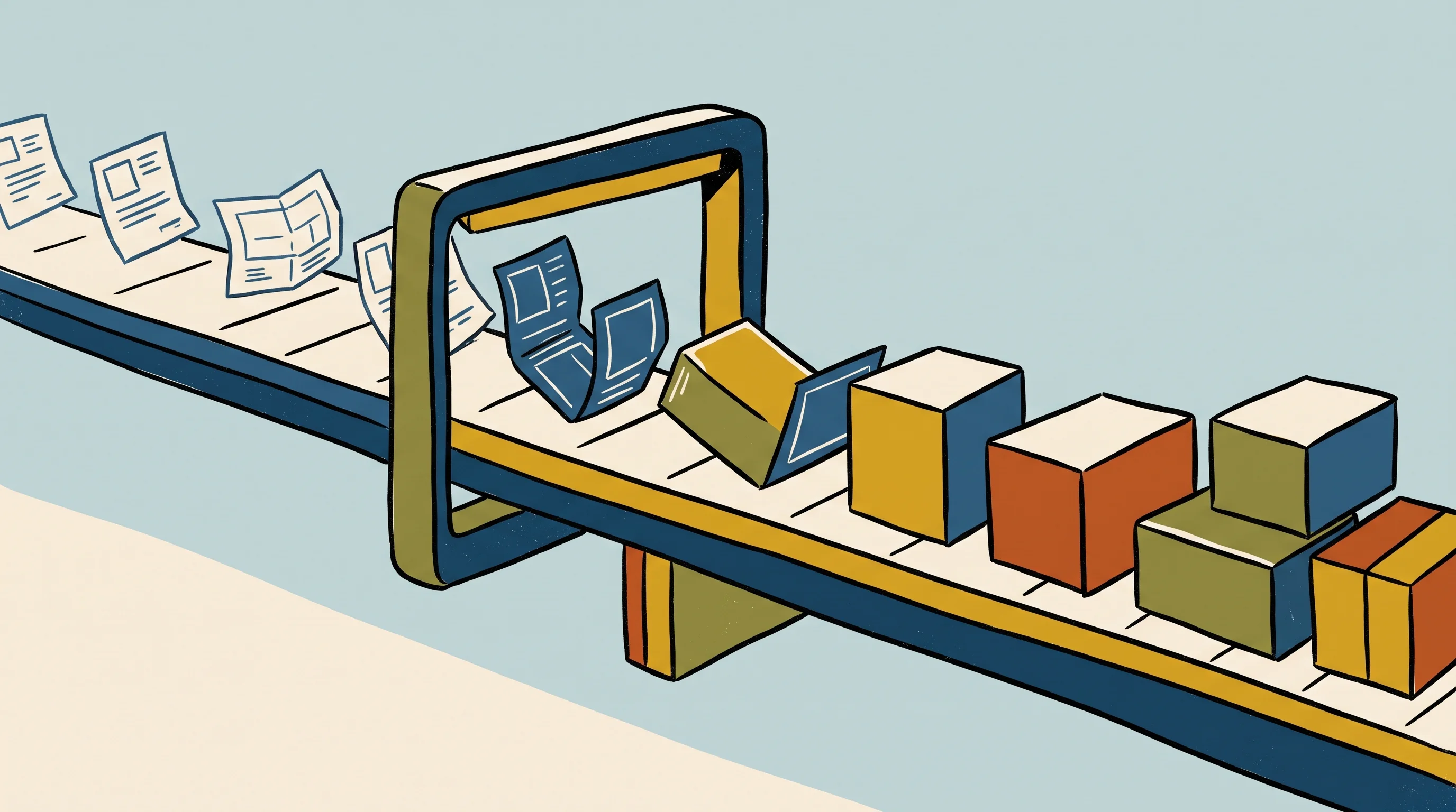Digital illustration for article section "EY as the Marquee Customer" in "8090 Raises $135M Series A for AI-Native Software Development Platform" - A conceptual and minimalist illustration representing a rapid software factory process, featuring a ...