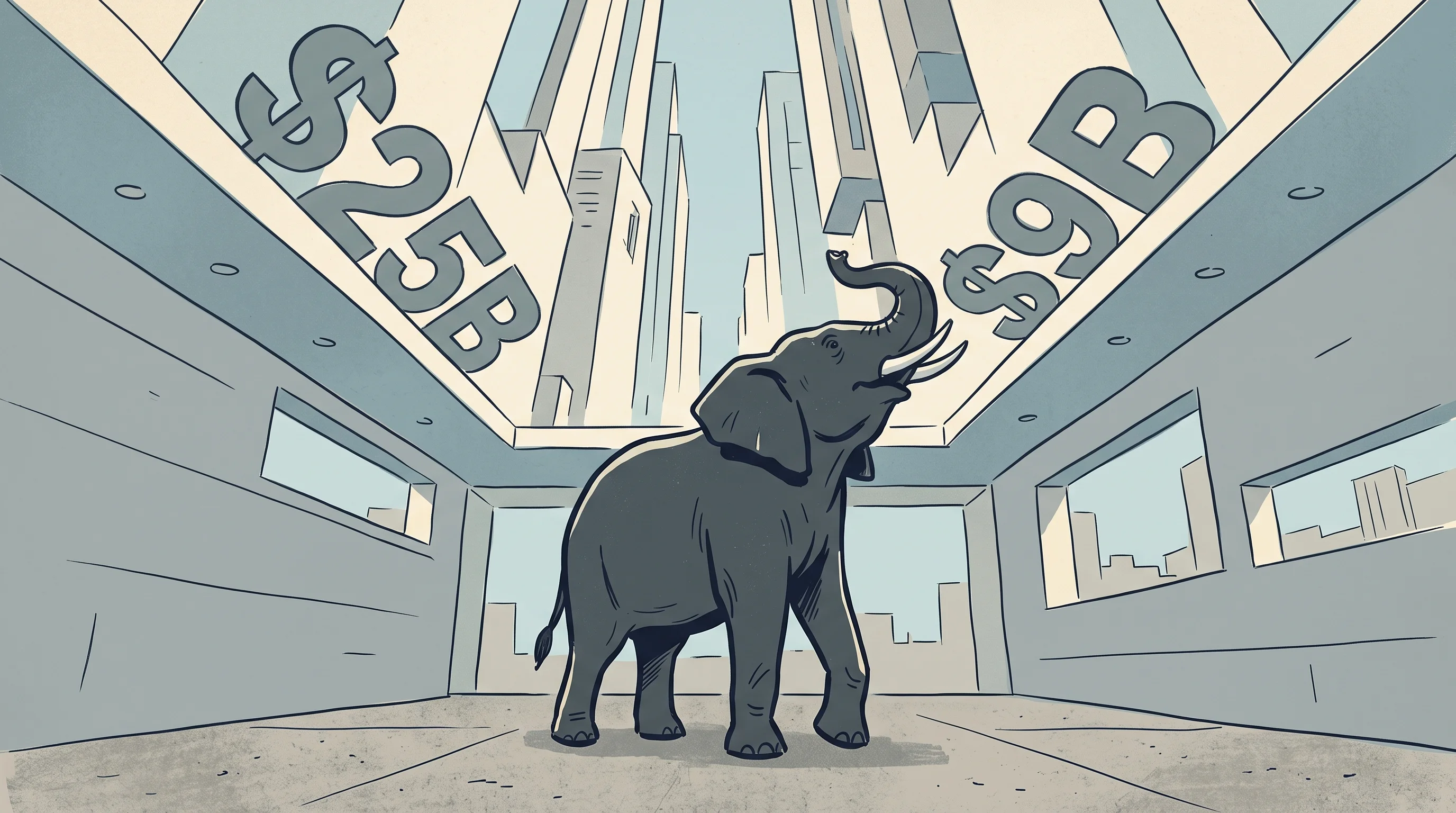 Digital illustration for article section "The Elephant in the Room: Valuation Gravity" in "8090 Raises $135M Series A for AI-Native Software Development Platform" - A massive, stylized elephant dominating the center of a minimalist, modern room, looking up at an im...