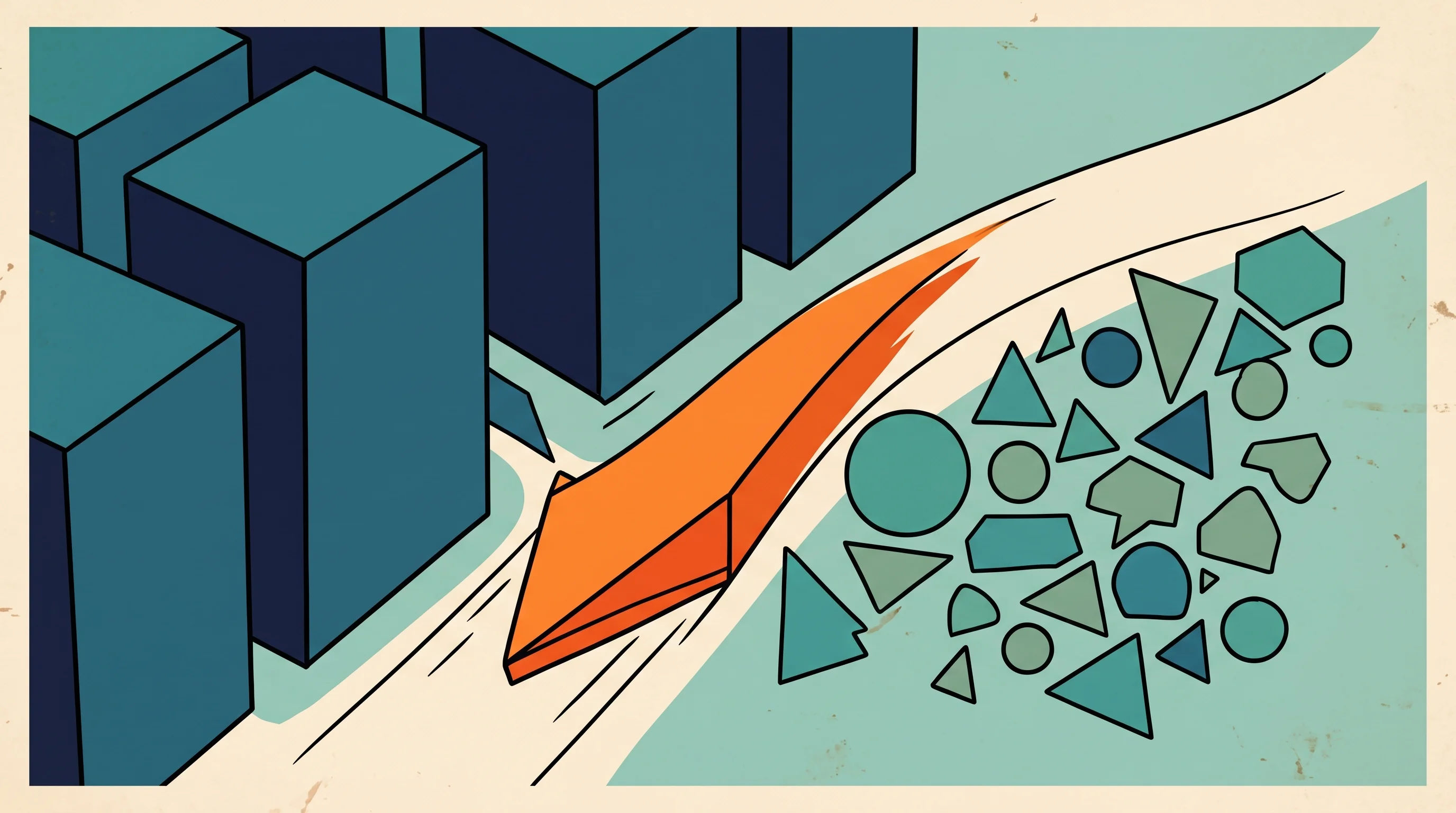 Digital illustration for article section "What Comes Next" in "8090 Raises $135M Series A for AI-Native Software Development Platform" - A clean, minimalist conceptual illustration of a bold, brightly colored geometric wedge carving a pr...