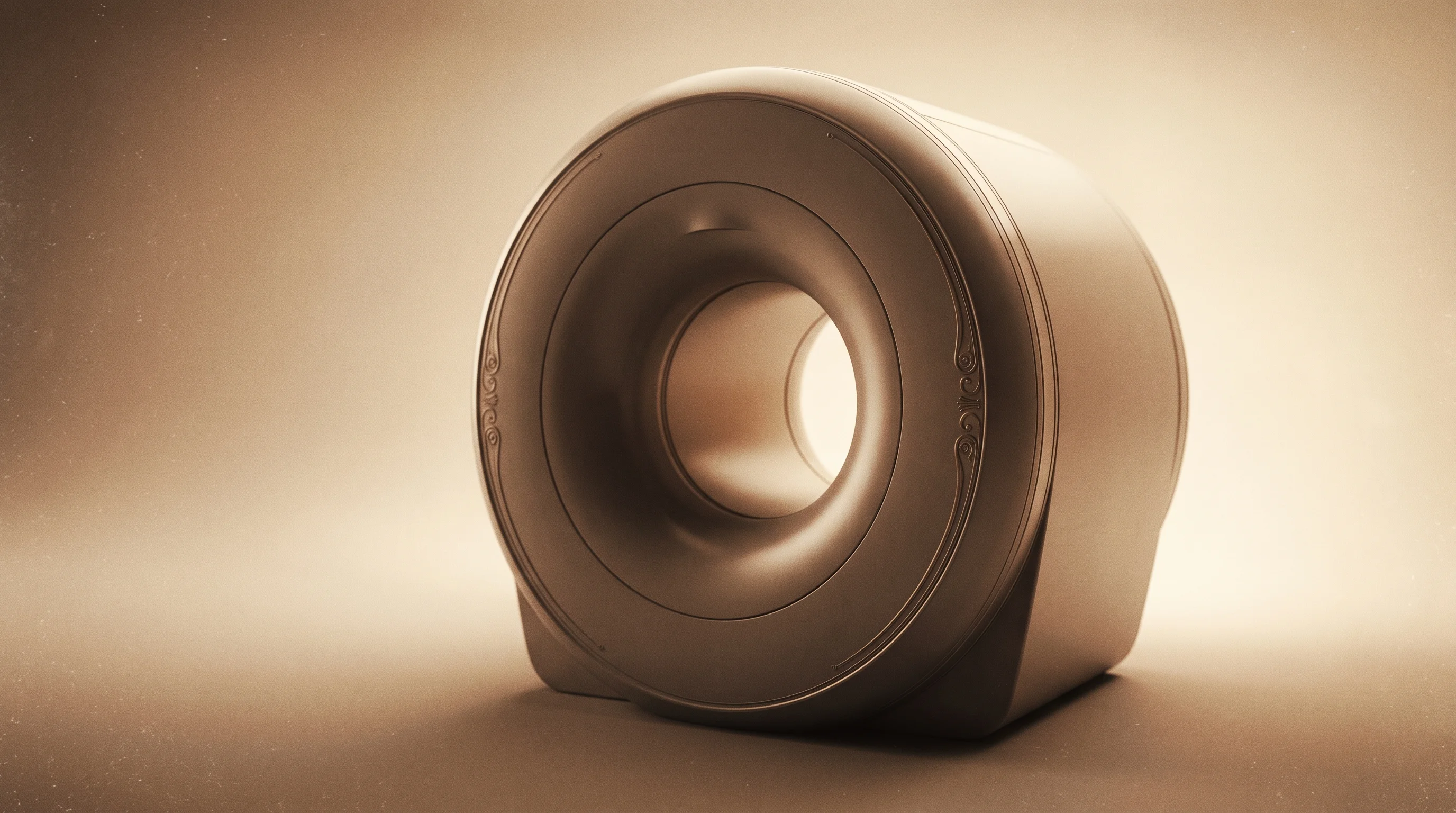 Digital illustration for article section "Competition From All Angles" in "India's First Helium-Free MRI: Can Voxelgrids Crack the Access Gap?" - A clean, minimalist conceptual representation of a modern MRI machine's circular scanner bore, servi...