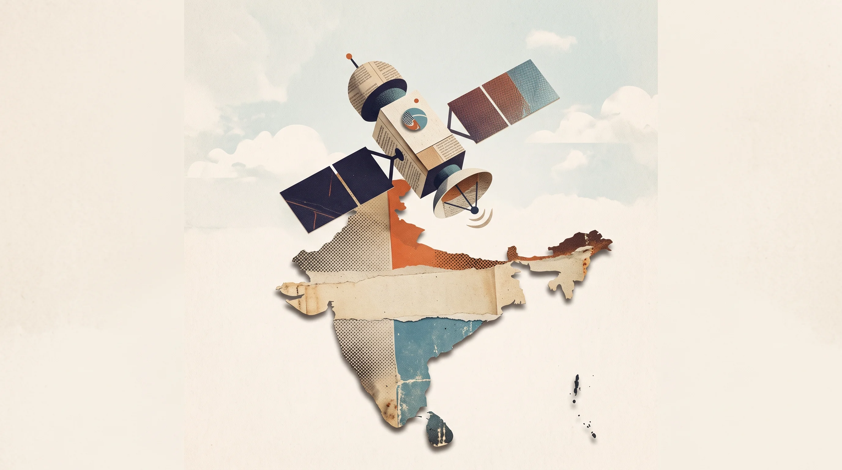 Digital illustration for article section "India's Liberalized Space Regime—and Its Limits" in "India's SatLeo Labs Develops Thermal Satellites for Dual Defense-Climate Use" - A minimalist and striking conceptual artwork representing India's liberalized space regime and the r...
