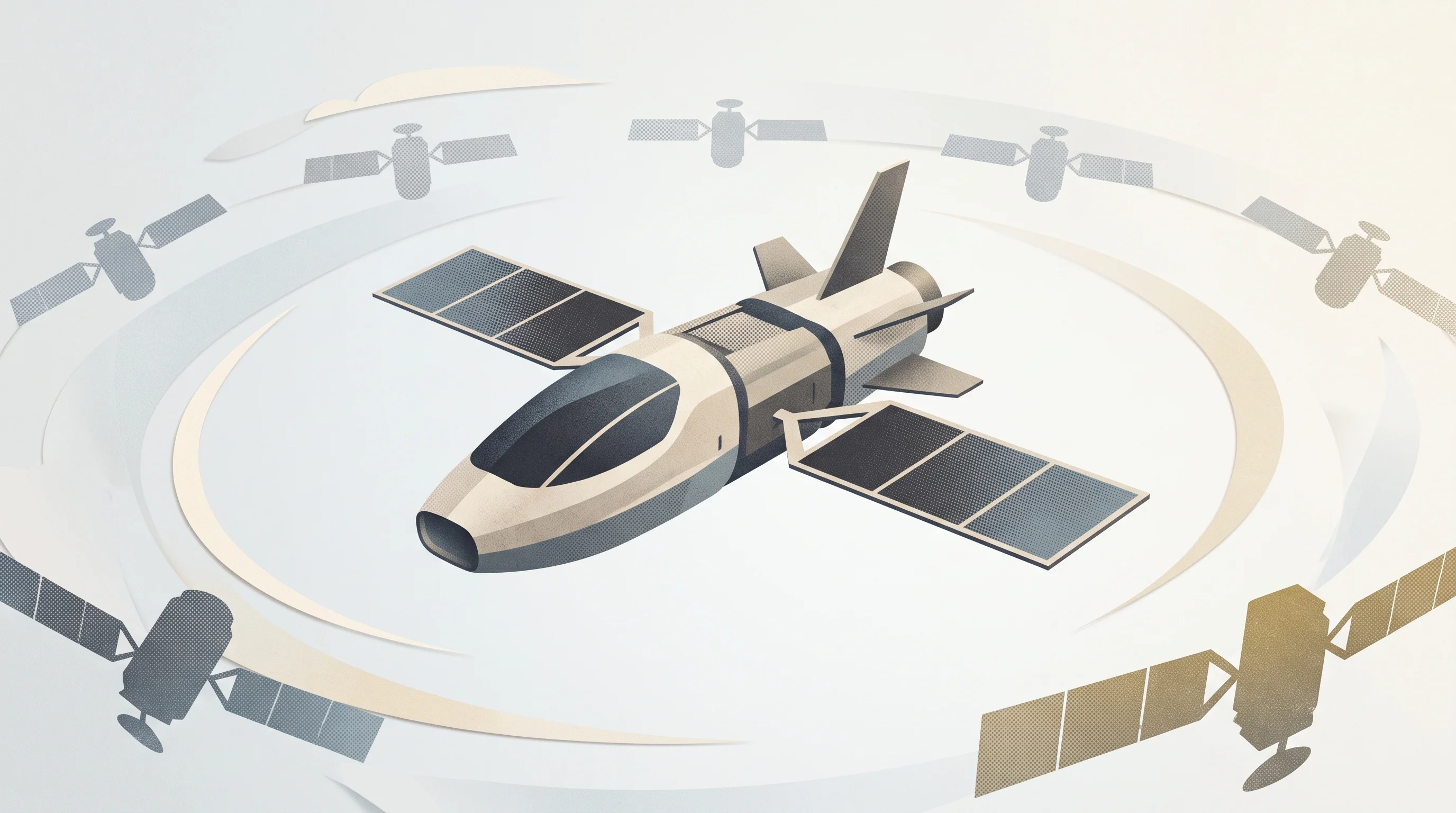 Digital illustration for article section "What Comes Next" in "India's SatLeo Labs Develops Thermal Satellites for Dual Defense-Climate Use" - A minimalist, conceptual visualization of a single, modern satellite suspended in a clean orbital sp...